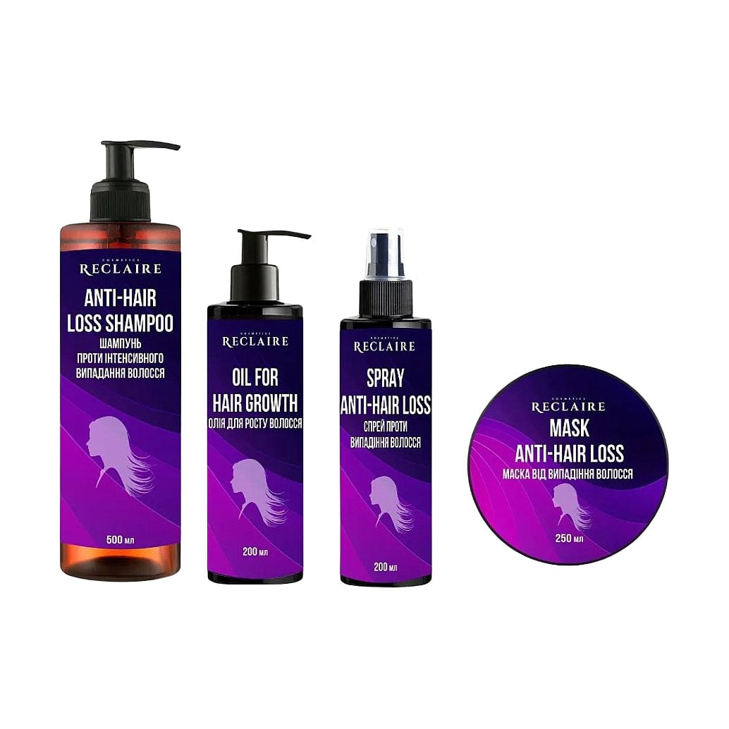 

Мега бокс проти випадіння волосся Reclair Активатор росту (шампунь, 500 мл + олія, 200 мл + спрей, 200 мл + маска, 250 мл)