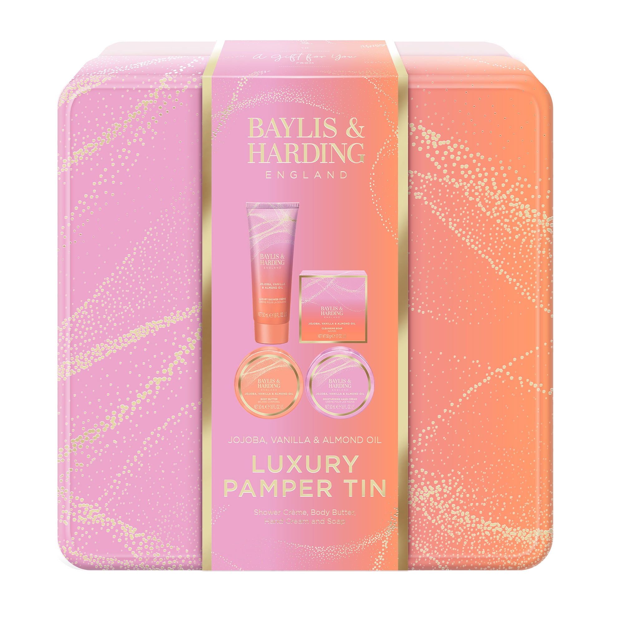 

Набір Baylis & Harding Jojoba, Vanilla & Almond Oil Luxury Pamper Tin (крем для душу, 50 мл + олія, 50 мл + крем для рук, 50 мл + мило, 50 г)