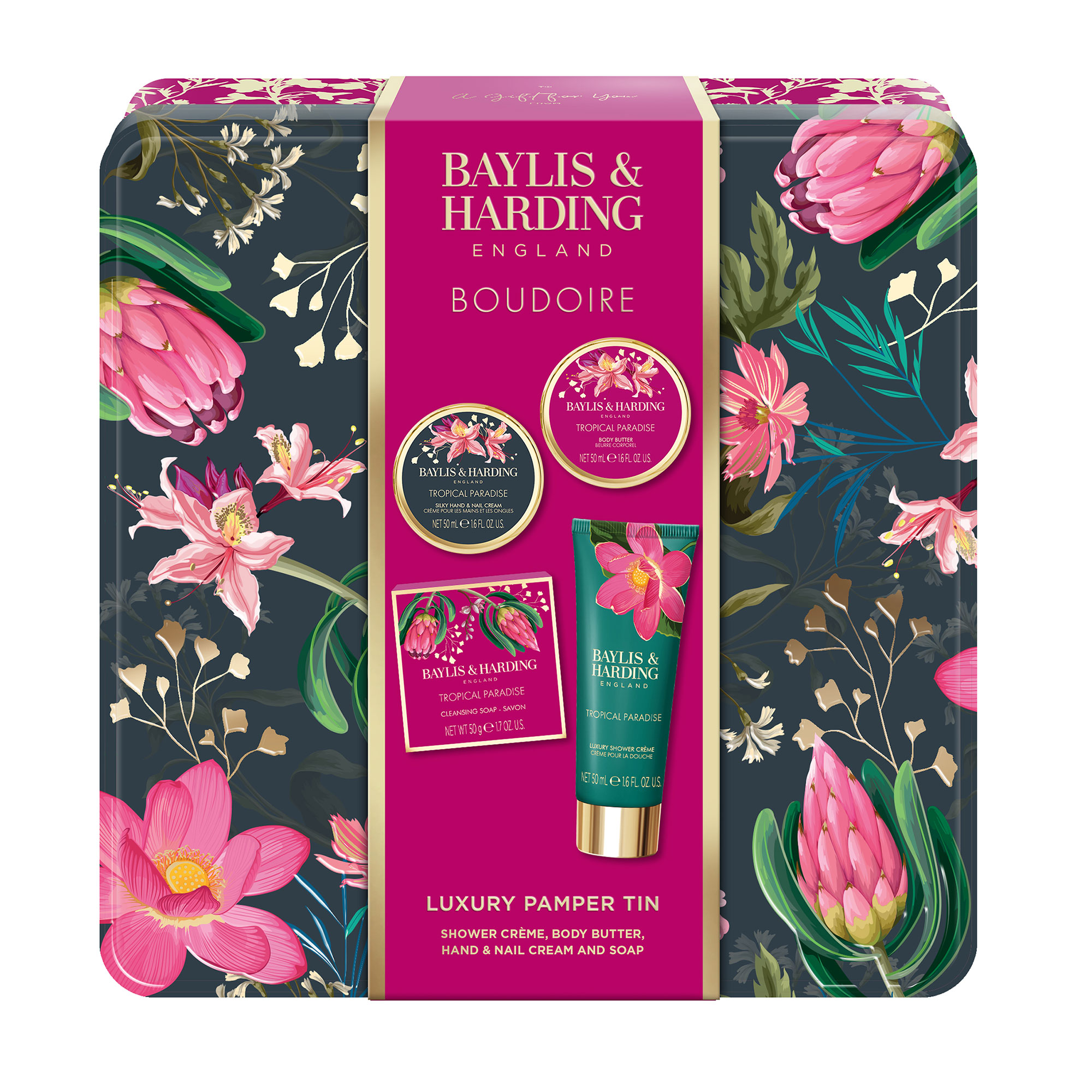 

Набір Baylis & Harding Boudoire Tropical Paradise Luxury Pamper Tin Gift Set (крем для душу, 50 мл + олія, 50 мл + крем для рук, 50 мл + мило, 50 г)