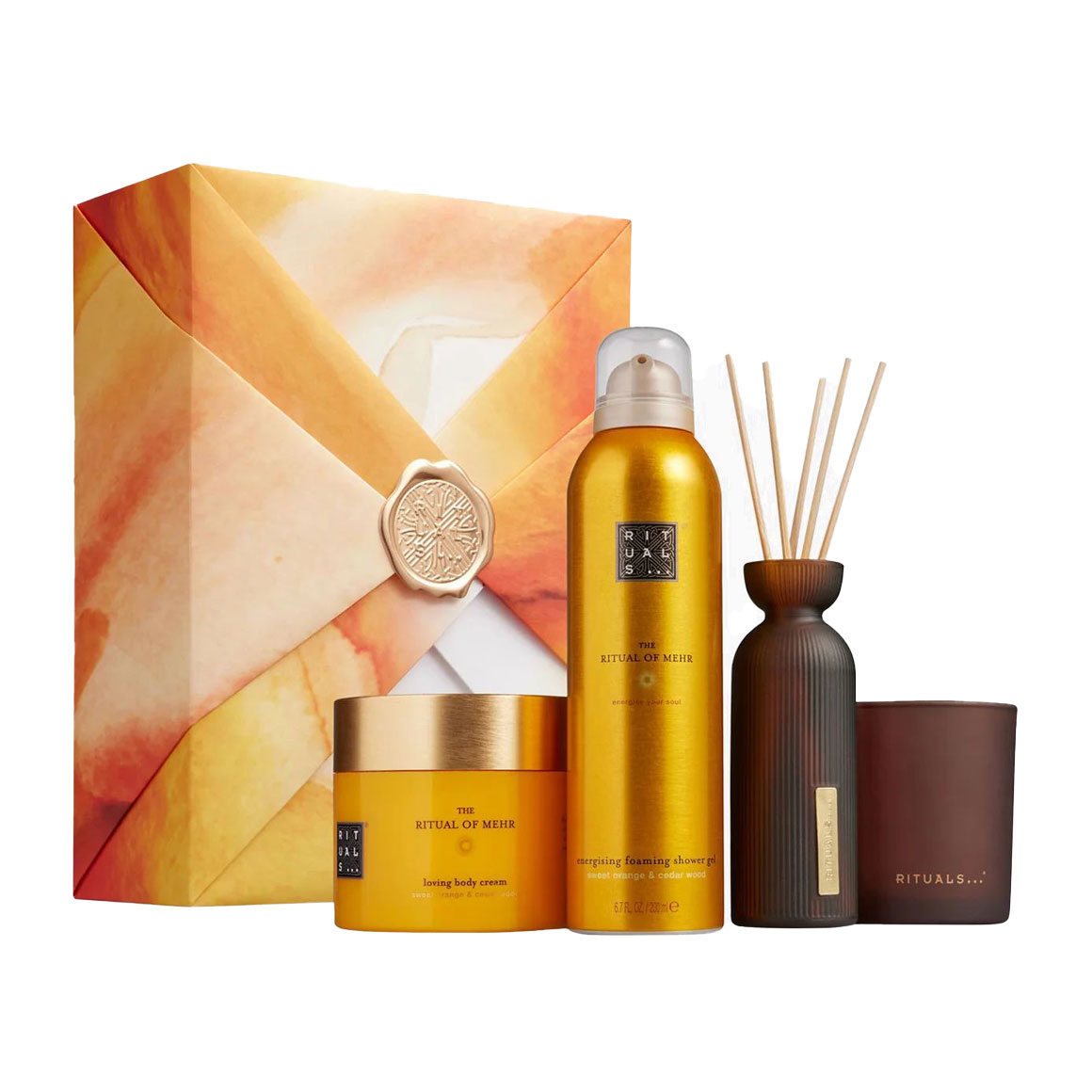 

Набір для тіла Rituals The Ritual Of Mehr (гель-пінка для душу, 200 мл + крем, 200 мл + аромадифузор, 70 мл + свічка, 140 г)