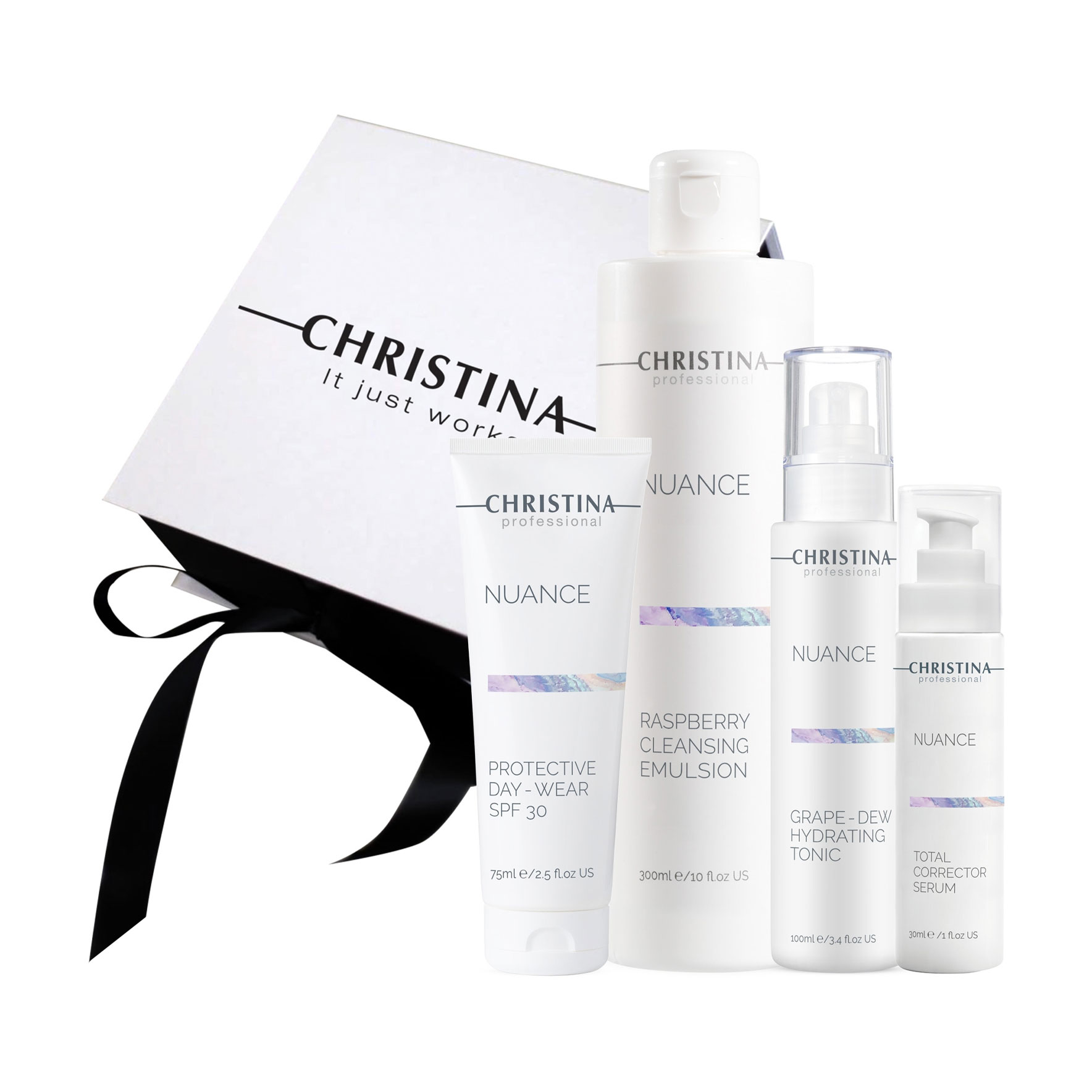 

Подарунковий набір Christina Nuance (емульсія, 300 мл + тонік, 100 мл + крем, 75 мл + сироватка, 30 мл)