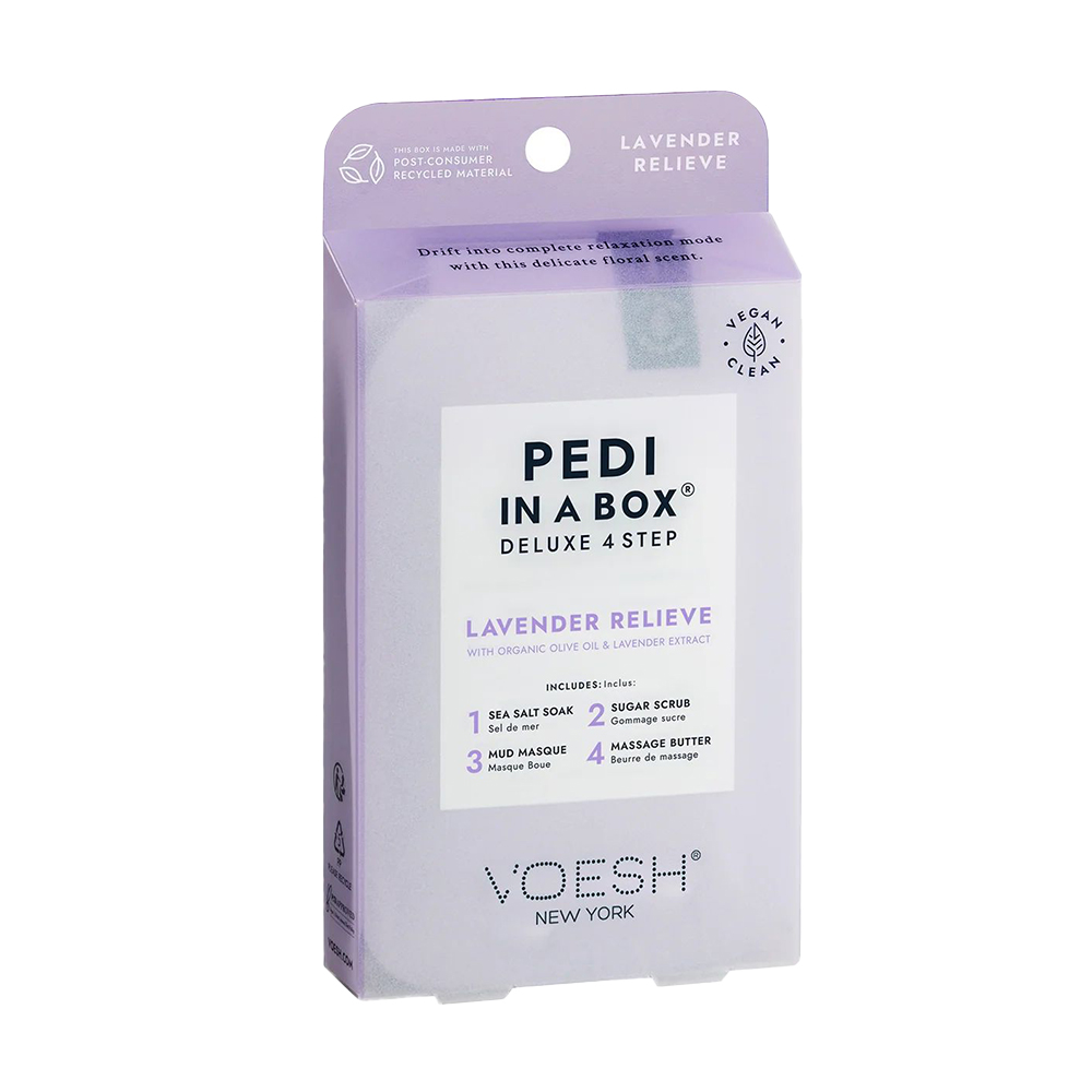 

Набір для педикюру VOESH Pedi In A Box Deluxe 4 Step Lavender Relieve (морська сіль, 35 г + скраб, 20 г + маска, 20 г + олія для масажу, 15.5 г)
