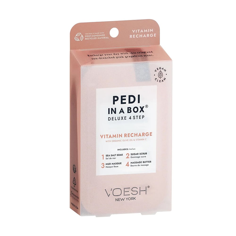 

Набір для педикюру VOESH Pedi In A Box Deluxe 4 Step Vitamin Recharge (морська сіль, 35 г + скраб, 20 г + маска, 20 г + олія для масажу, 15.5 г)