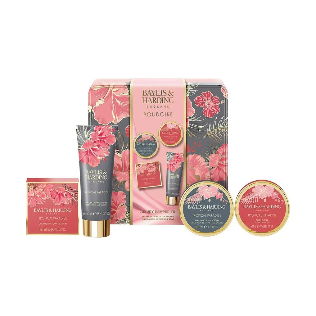 

Набір для догляду за тілом Baylis & Harding Boudoire Tropical Paradise Luxury Pamper Tin Gift Set (крем для душу, 50 мл + олія для тіла, 50 мл + крем для рук та нігтів, 50 мл + мило, 50 г )