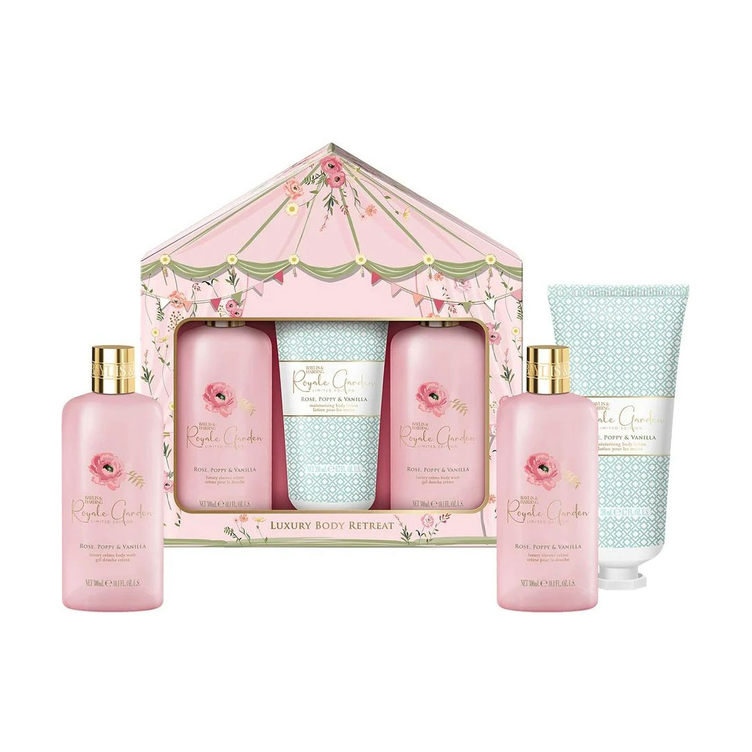 

Набір для догляду за тілом Baylis & Harding Royale Garden Rose, Poppy & Vanilla Luxury Body Retreat Gift Set (крем для душу, 300 мл + гель для душу, 300 мл + лосьйон для рук та тіла, 300 мл)