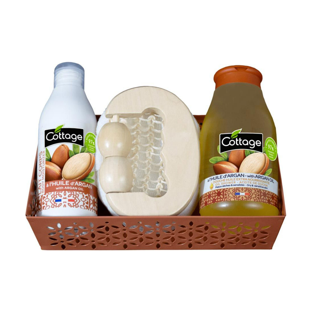 

Набір для догляду за тілом Cottage Argan Oil (олія-гель для душу, 250 мл + молочко для тіла, 150 мл + мочалка + масажер + кошик)