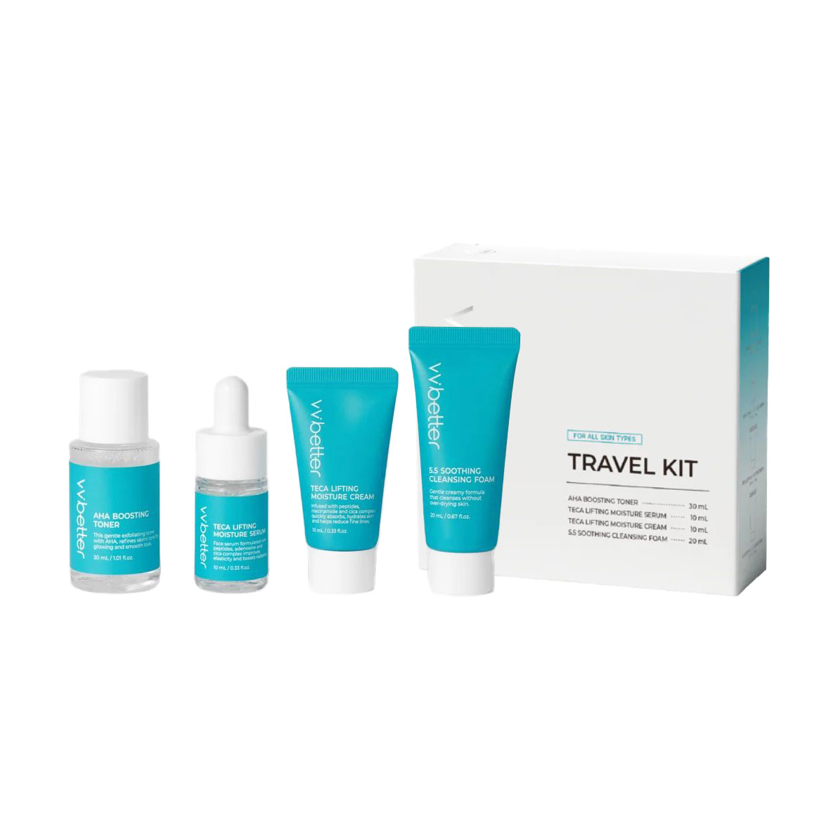 

Набір для обличчя VVBetter Travel Kit (пінка для вмивання, 20 мл + тонер, 30 мл + сироватка, 10 мл + крем, 10 мл)