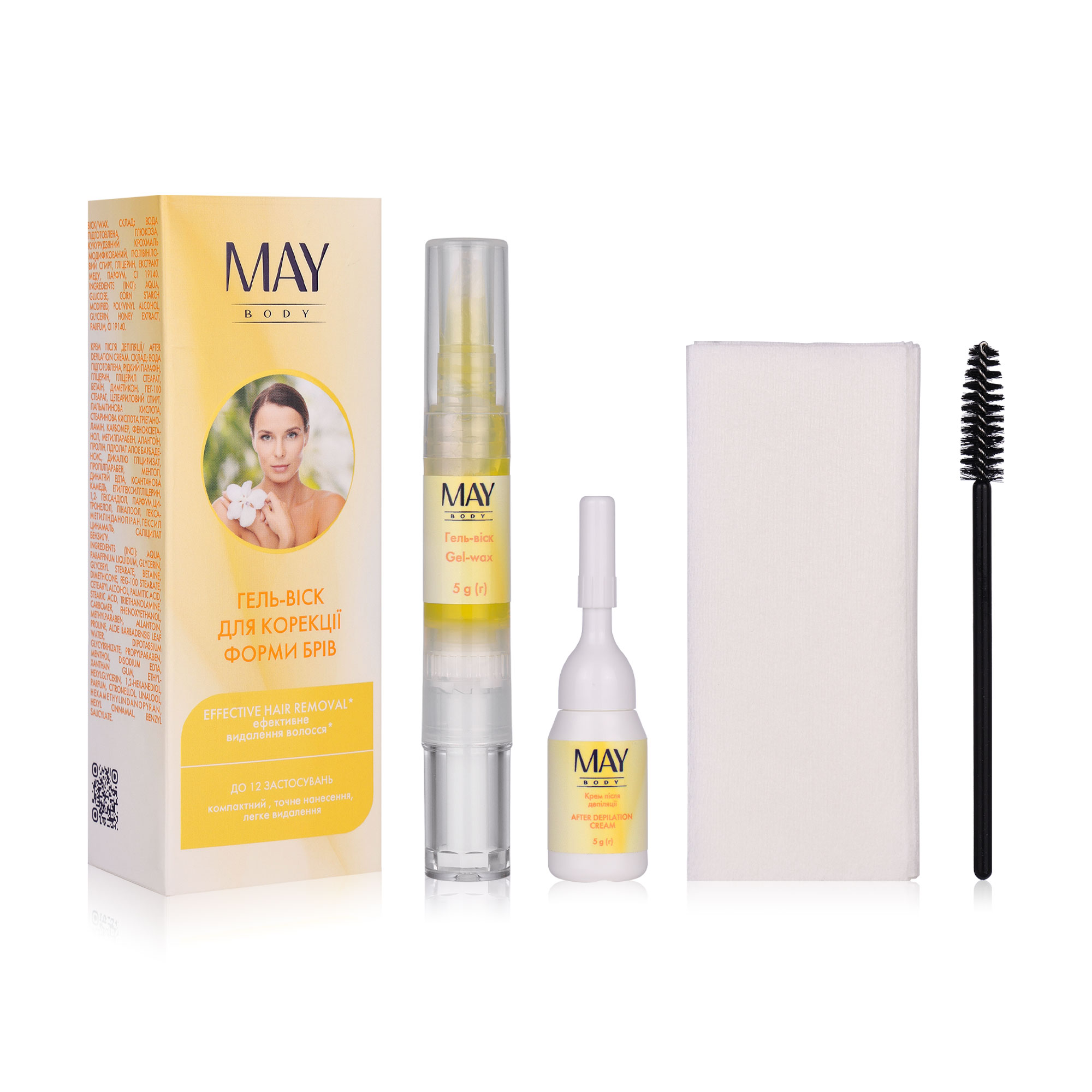 

Компактний набір для депіляції обличчя MAY body (гель-віск, 5 г + крем після депіляції, 5 г + щіточка для брів, 1 шт + смужки, 20 шт)