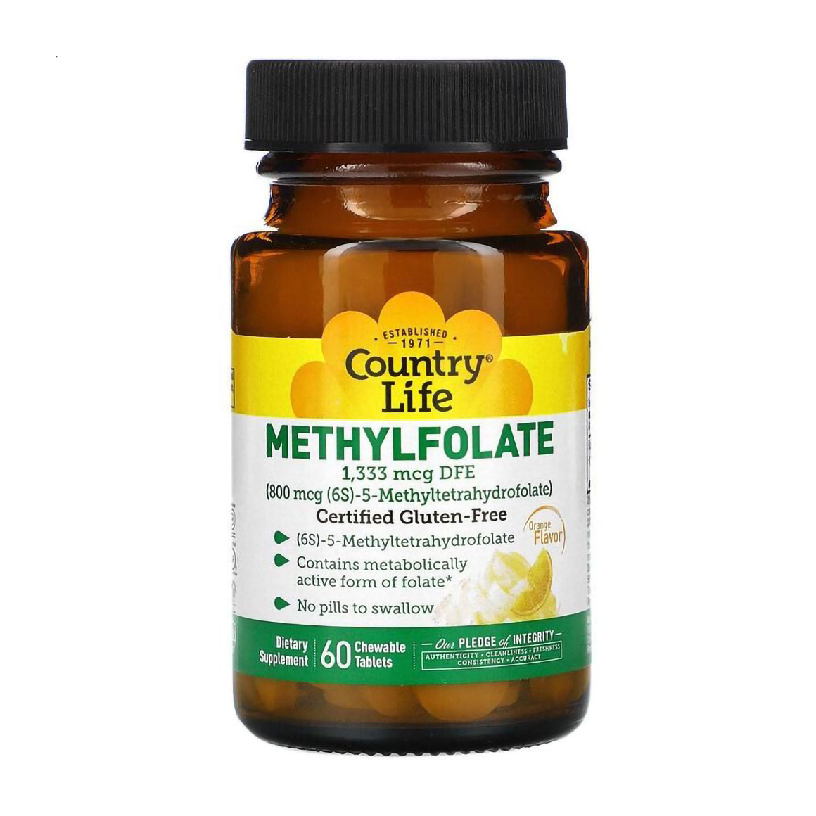 

Фолієва кислота Country Life Methylfolate 800 мкг, зі смаком апельсину, 60 пастилок