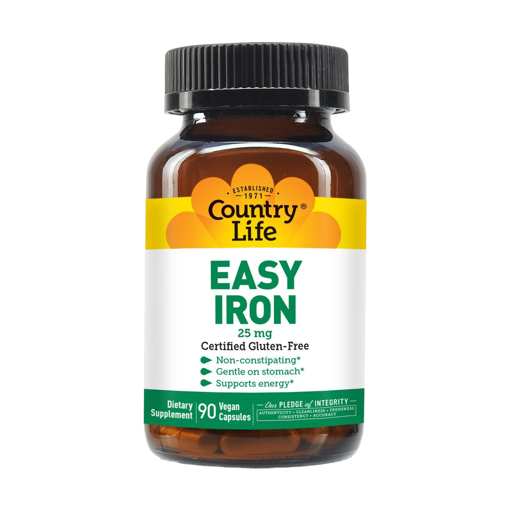 

Легке залізо Country Life Easy Iron, 25 мг, 90 веганських капсул