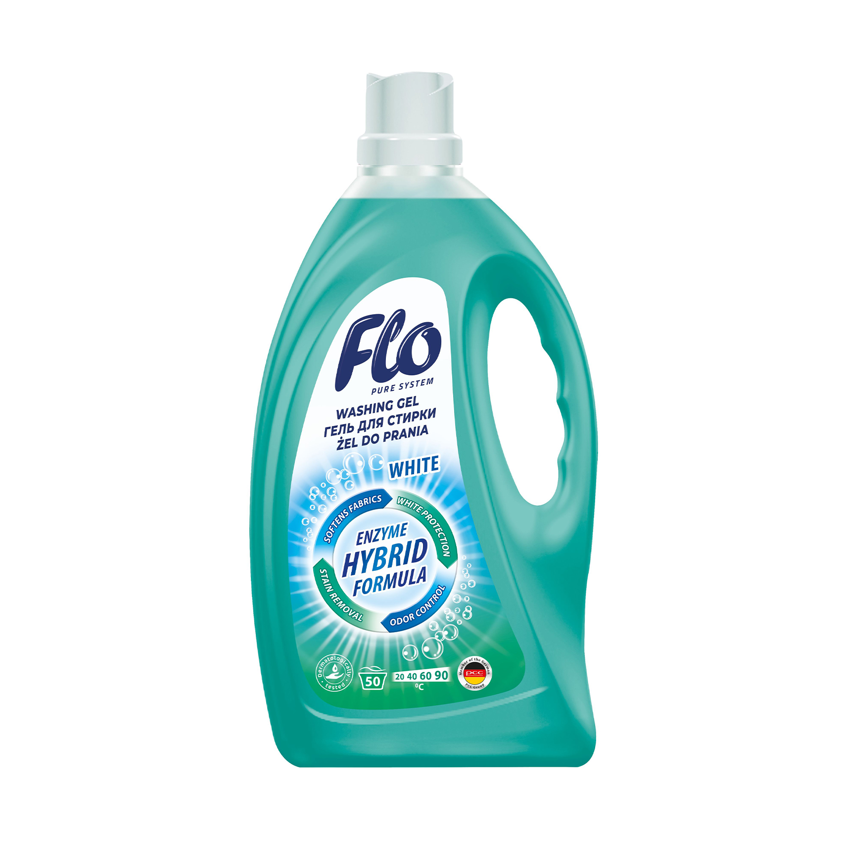 

Гель для прання Flo 4 в 1 White для білих речей, 50 циклів прання, 2 л