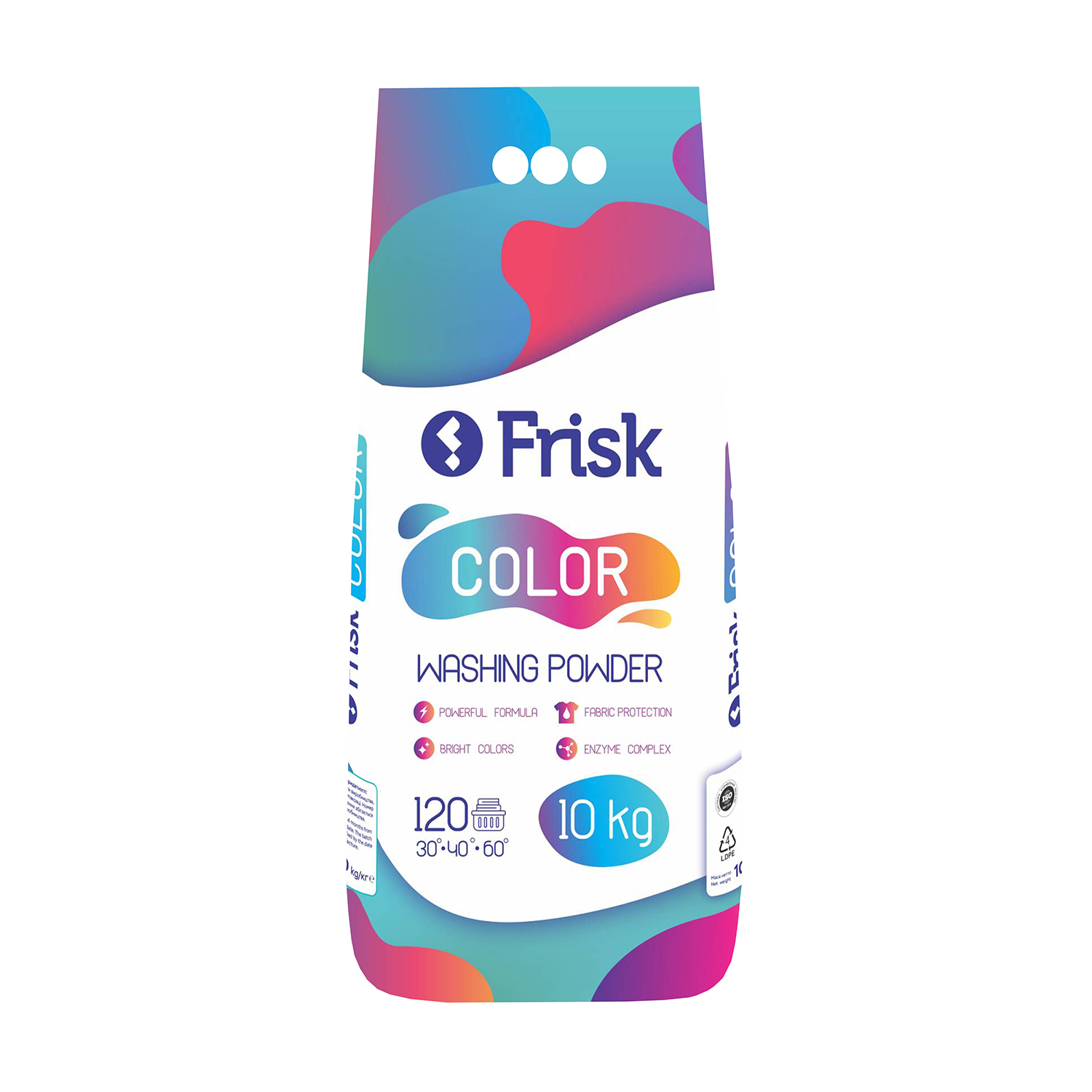 

Пральний порошок Frisk Color для кольорових речей, автомат, 120 циклів прання, 10 кг