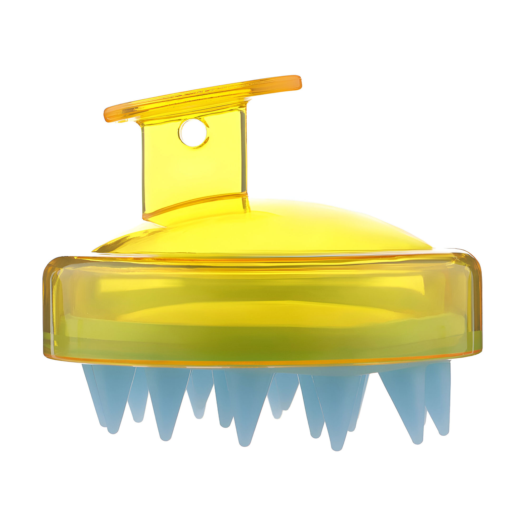 

Щітка-масажер для шкіри голови Cosmo Shop силіконова, кругла з ручкою, прозора жовто-блакитна, 1 шт (CS041Y)