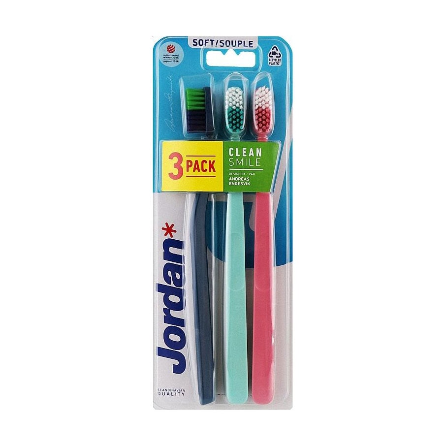 

Набір зубних щіток Jordan Clean Smile м'яких (рожева, 1 шт + синя, 1 шт + бірюзова, 1 шт)