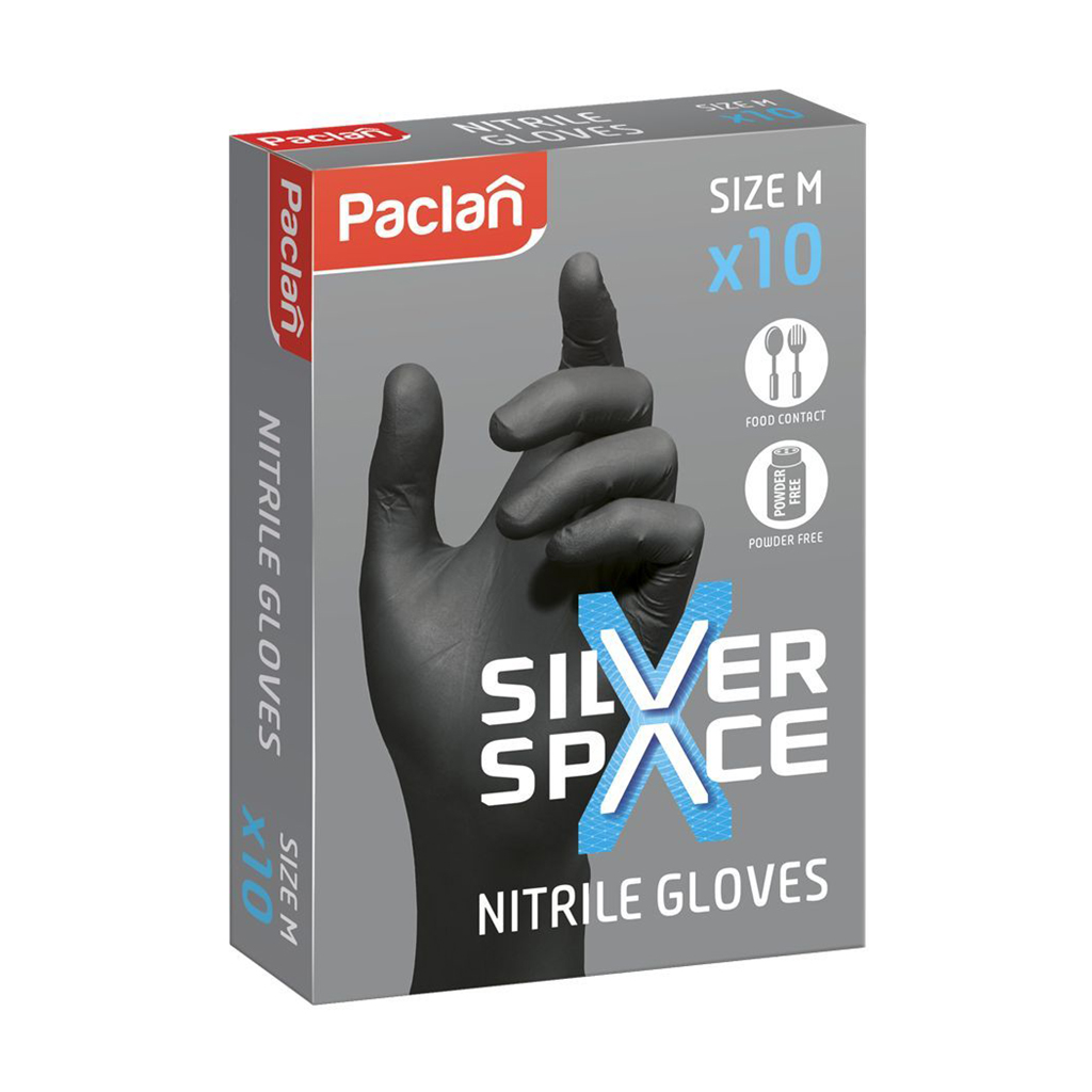 

Рукавички нітрилові Paclan Silver Space чорні, розмір М, 10 шт