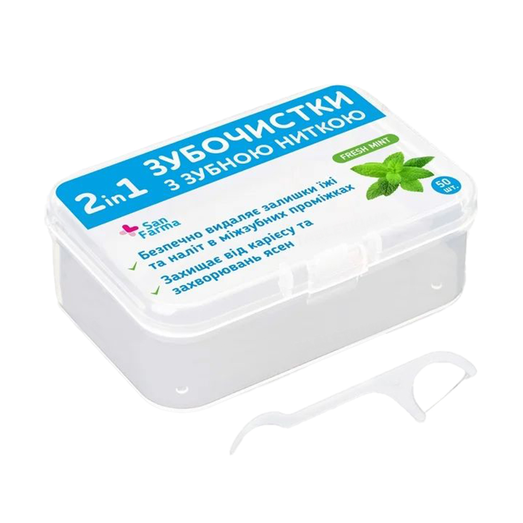 

Зубочистки з зубною ниткою 2 в 1 San Farma Свіжість м'яти, 50 шт