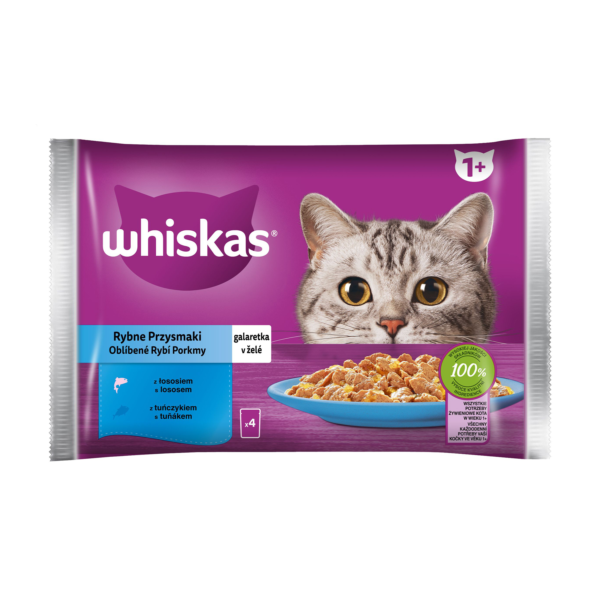 

Вологий корм для котів Whiskas з лососем та тунцем в желе, 4*85 г