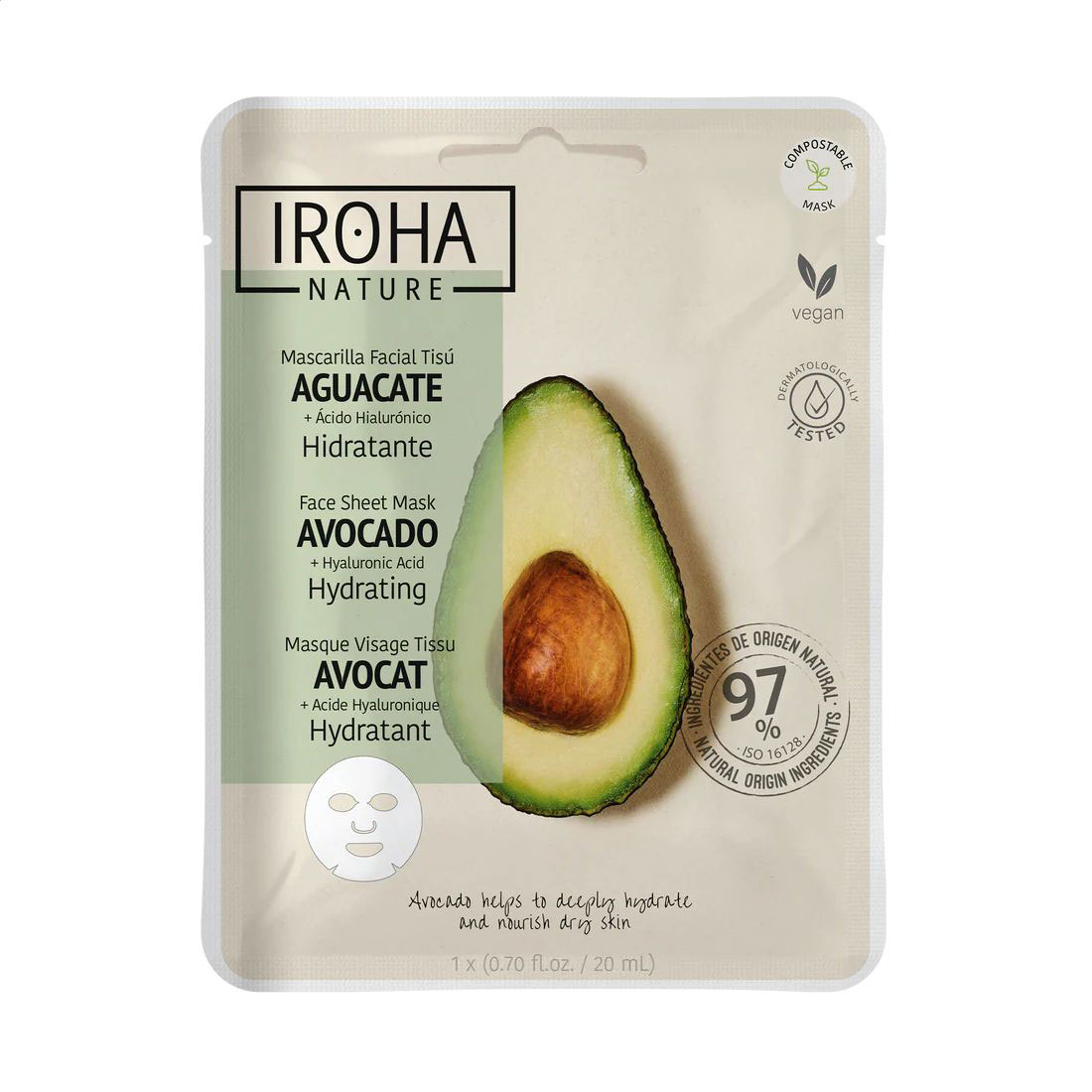 

Уцінка! Тканинна маска для обличчя Iroha Nature Avocado + Hyaluronic Acid Face Sheet Mask, 20 мл