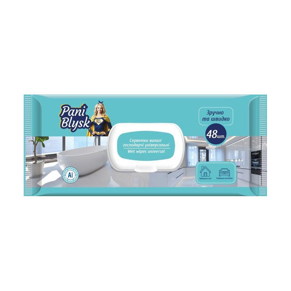 

Господарчі універсальні вологі серветки Pani Blysk з клапаном, 48 шт