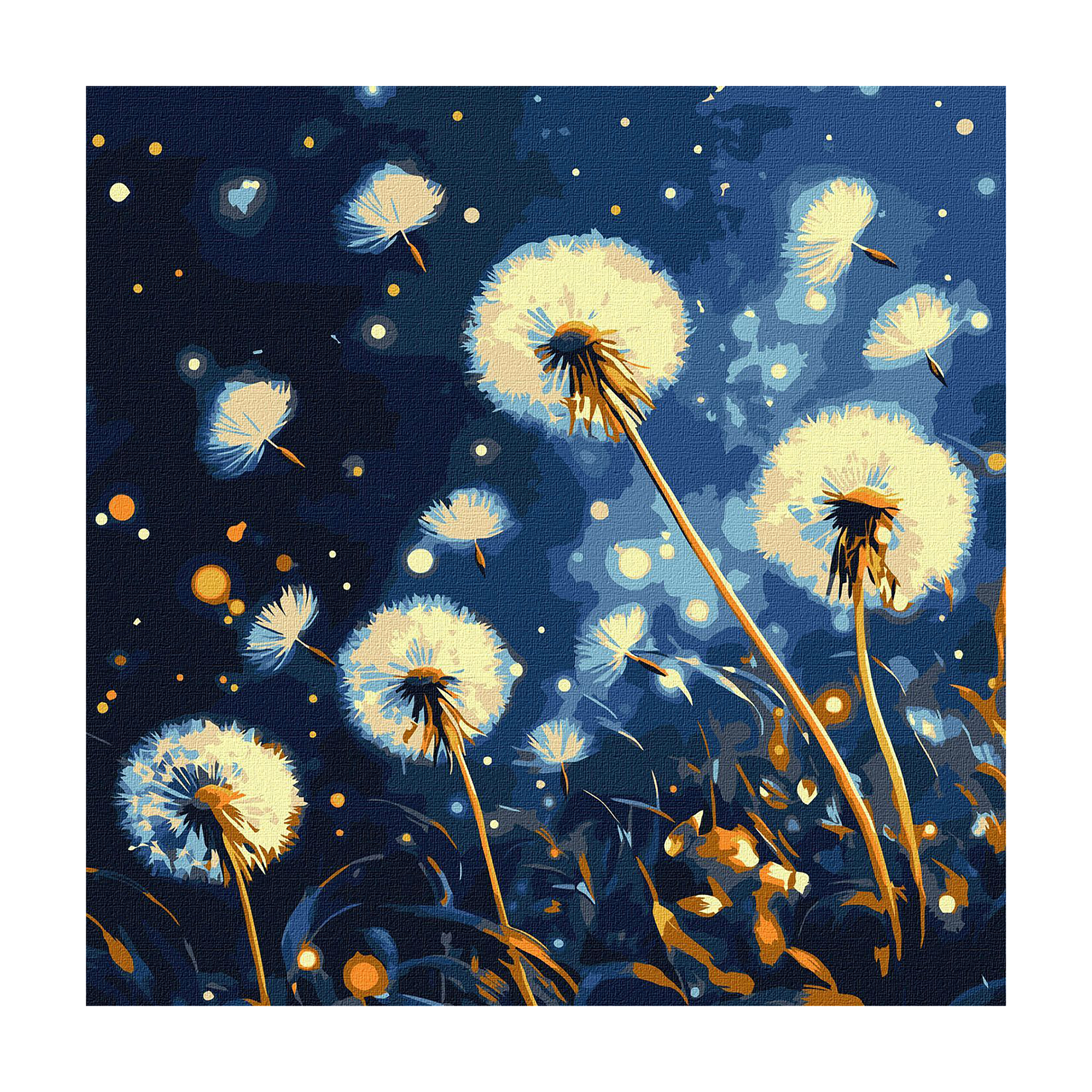 

Картина за номерами Ideyka Летючі кульбаби у вечірньому небі з фарбами металiк extra, 40*40 см (KHO3314)