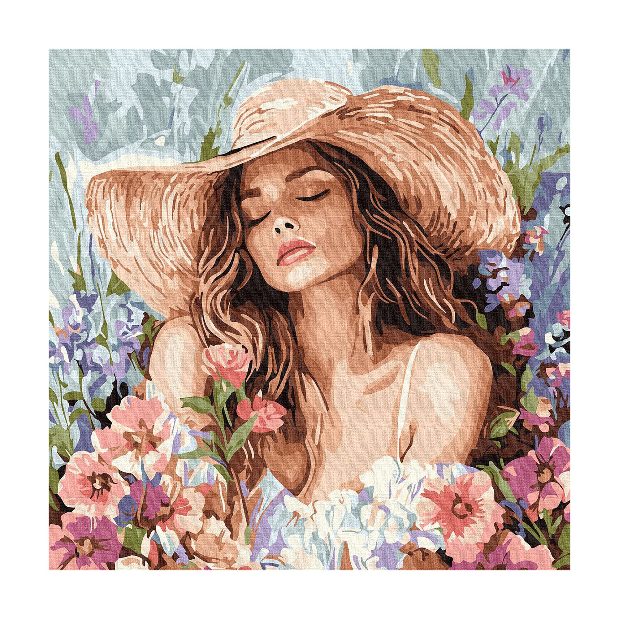 

Картина за номерами Ideyka Дівчина в капелюсі серед квітів, 40*40 см (KHO8569)