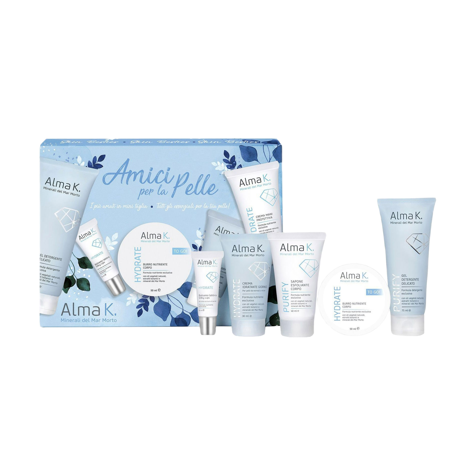 Набір для обличчя Alma K. Skin Besties (масло для тіла, 50 мл + крем для рук, 40 мл + бальзам для губ, 8 мл + крем, 30 мл + очищувальний гель, 75 мл)
