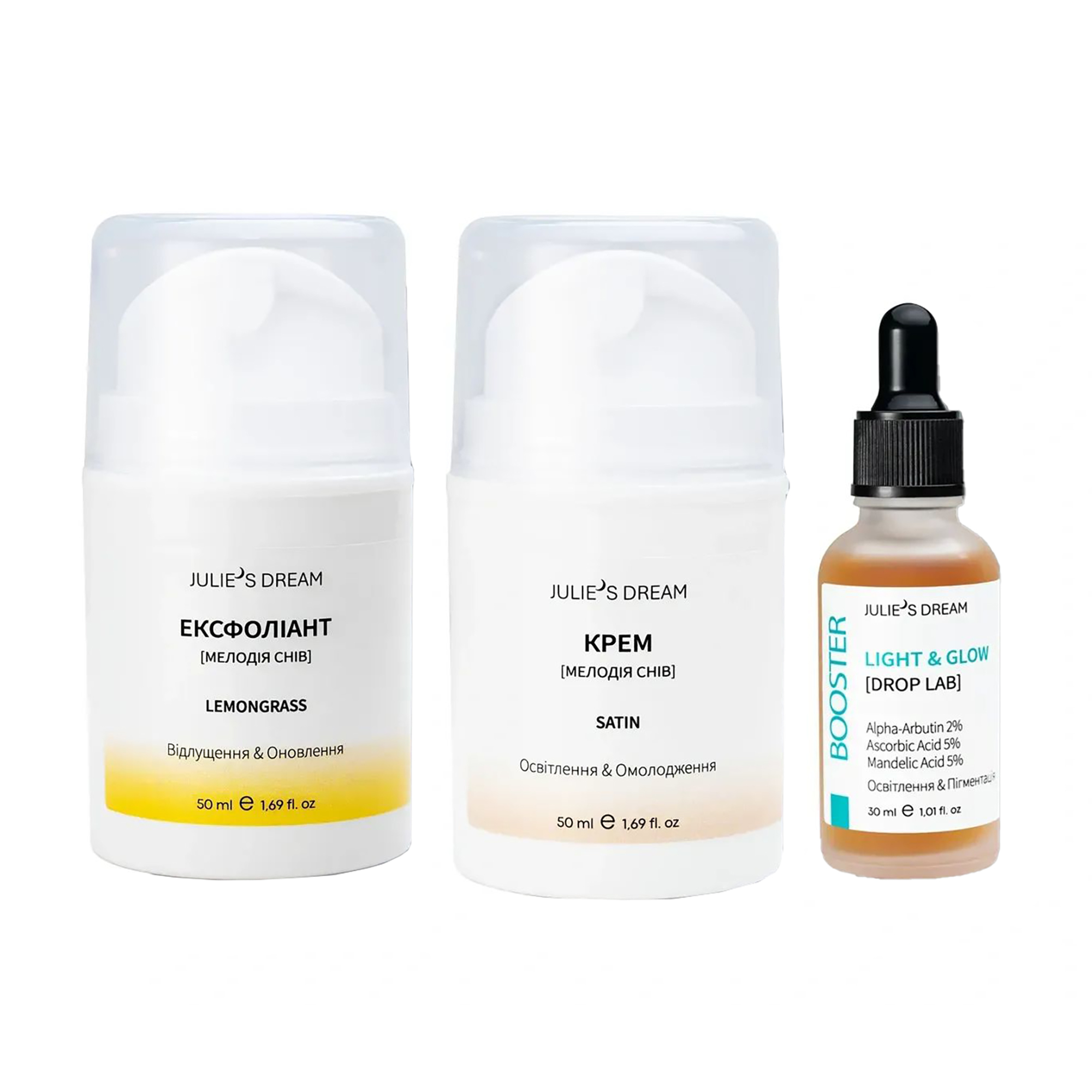 

Набір для обличчя Julie's Dream Moonlight (гель-ексфоліант Lemongrass, 50 мл + сироватка Light & Glow, 30 мл + крем Satin, 50 мл)