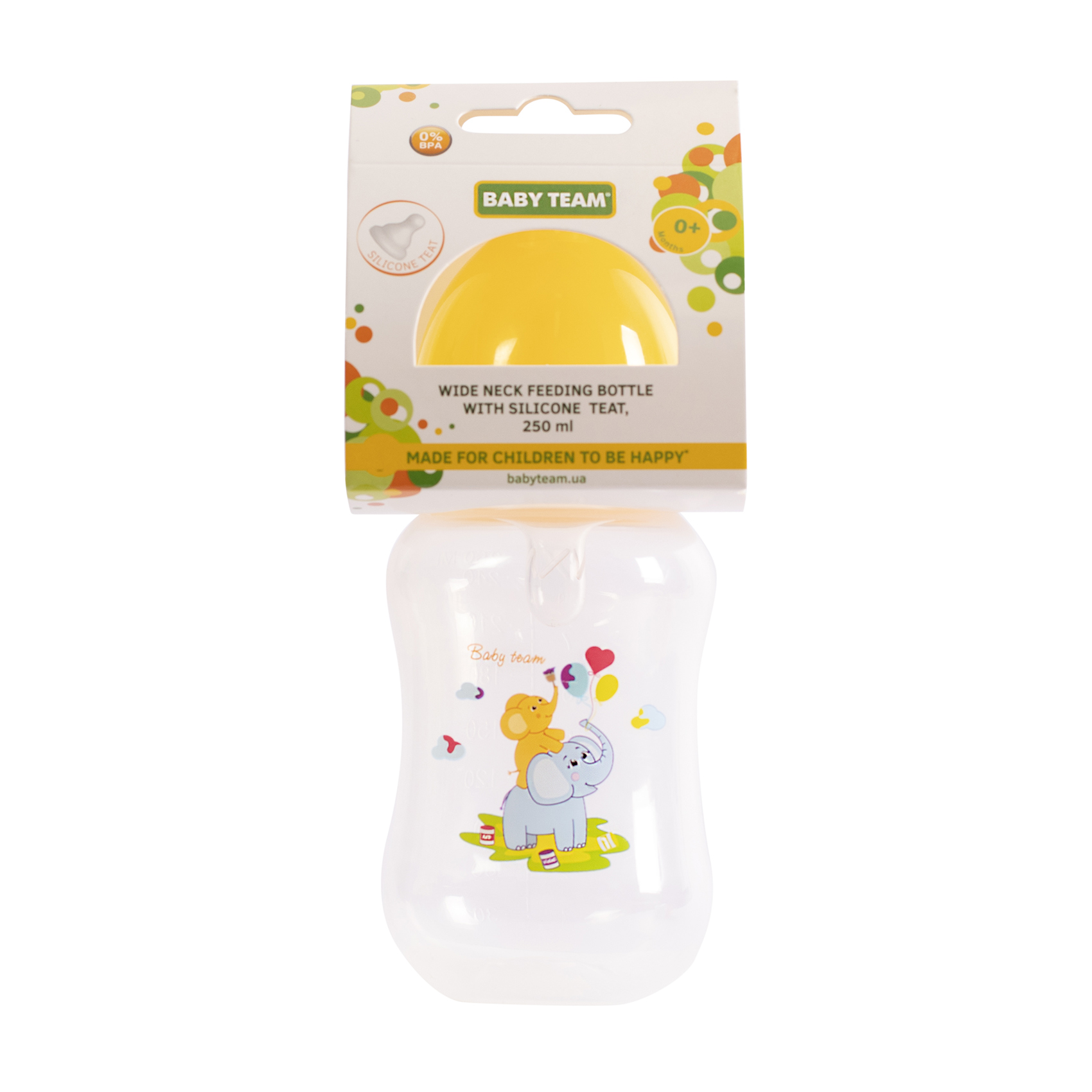 

Пляшечка для годування Baby Team з широким горлом та силіконовою соскою, від народження, жовта, 250 мл (1002)
