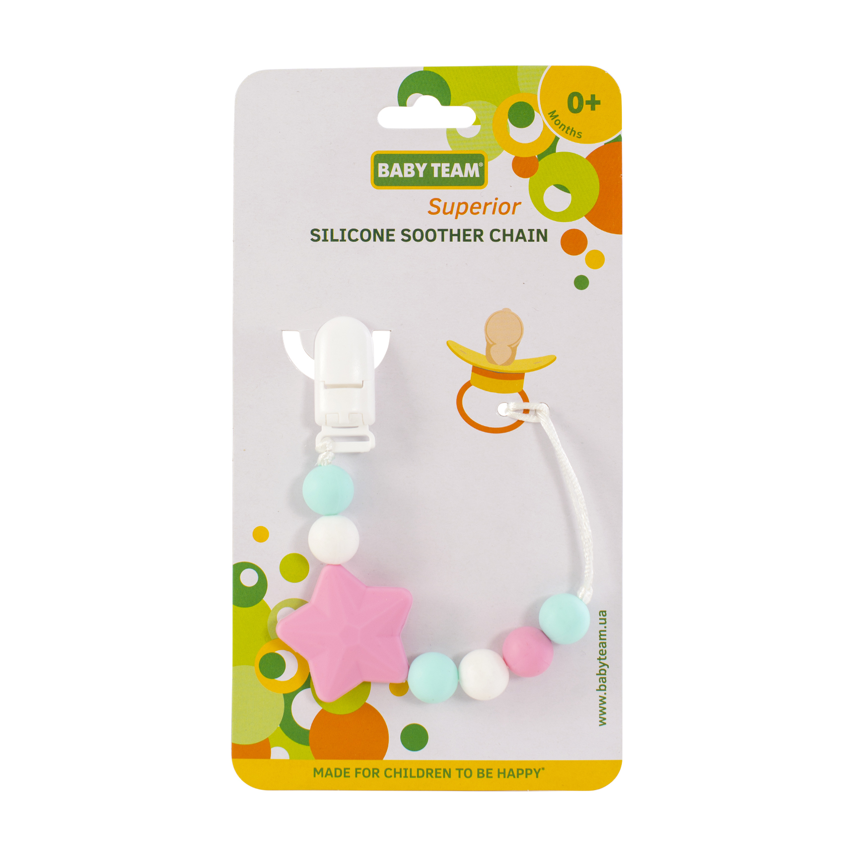 

Ланцюжок для пустушки Baby Team силіконовий, від народження, рожева зірочка (3390)