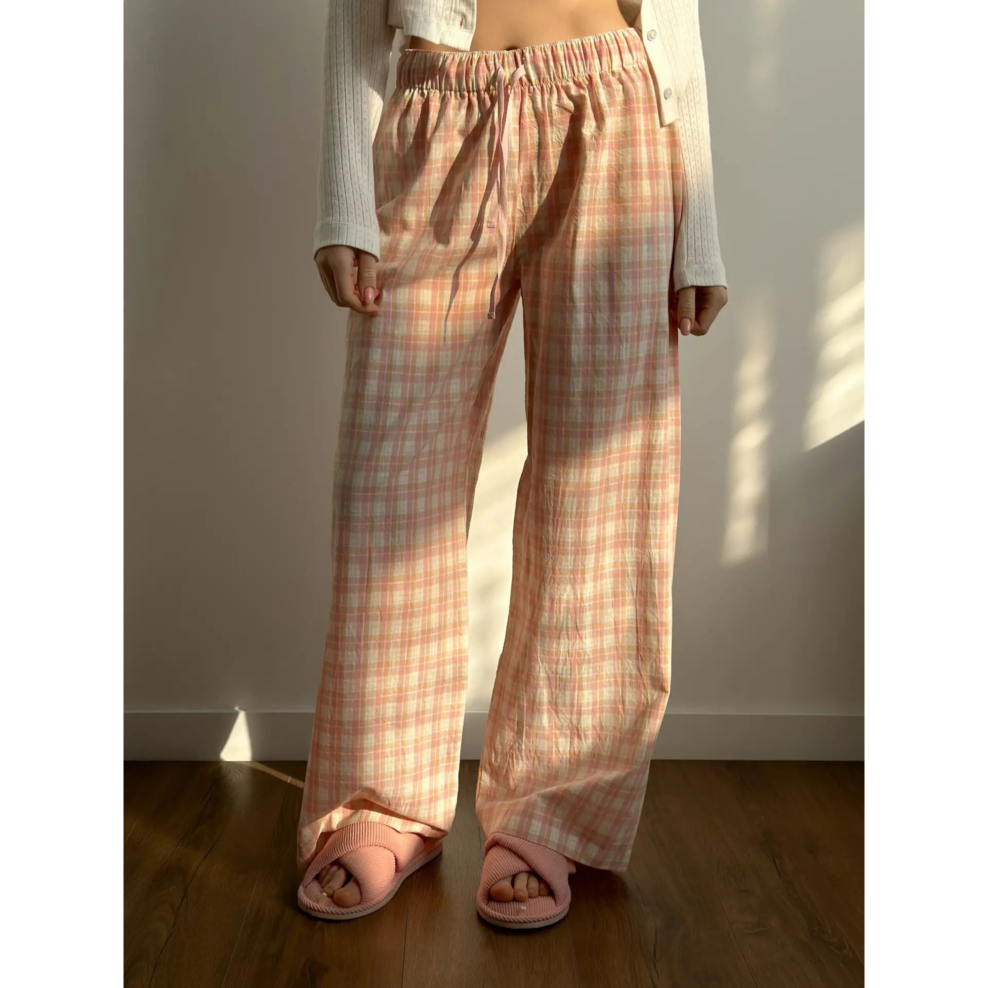 

Штани жіночі Miso Бавовна варена, моно, клітинка рожево-жовта, розмір L (14946)