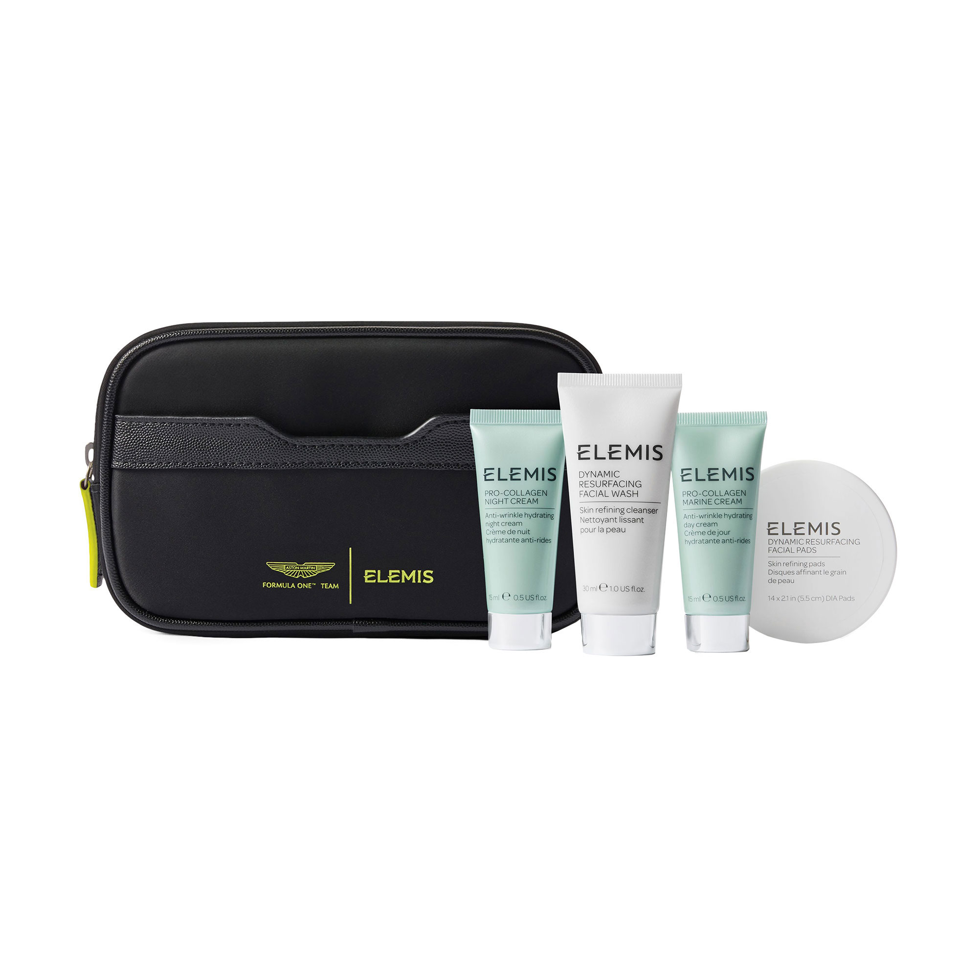 

Набір для обличчя Elemis x Aston Martin Aramco Formula One (крем для вмивання, 30 мл + пади, 14 шт + крем, 15 мл + нічний крем, 15 мл + косметичка)