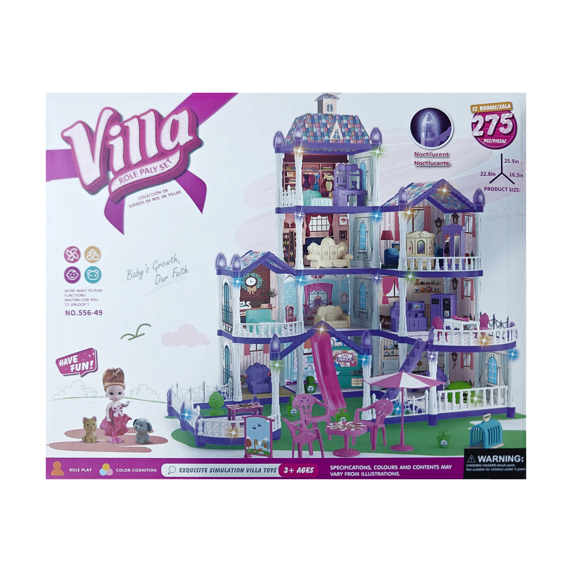 

Ляльковий будиночок 4-поверховий Babik з лялькою та аксесуарами, зі світловими ефектами, 275 деталей, фіолетовий, від 3 років (556-49)