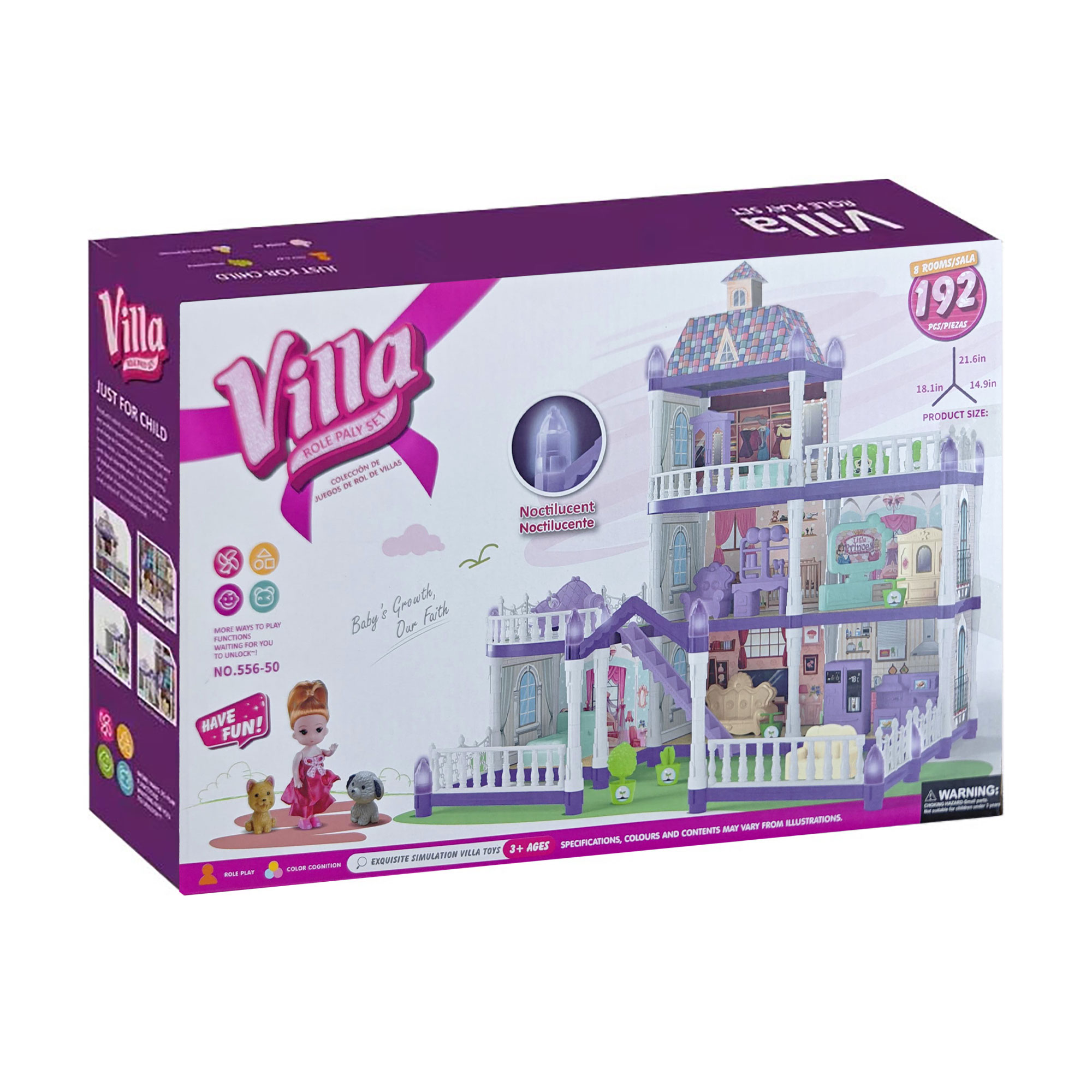 

Ляльковий будиночок 3-поверховий Babik з лялькою та аксесуарами, зі світловими ефектами, фіолетовий, від 3 років (556-50A)