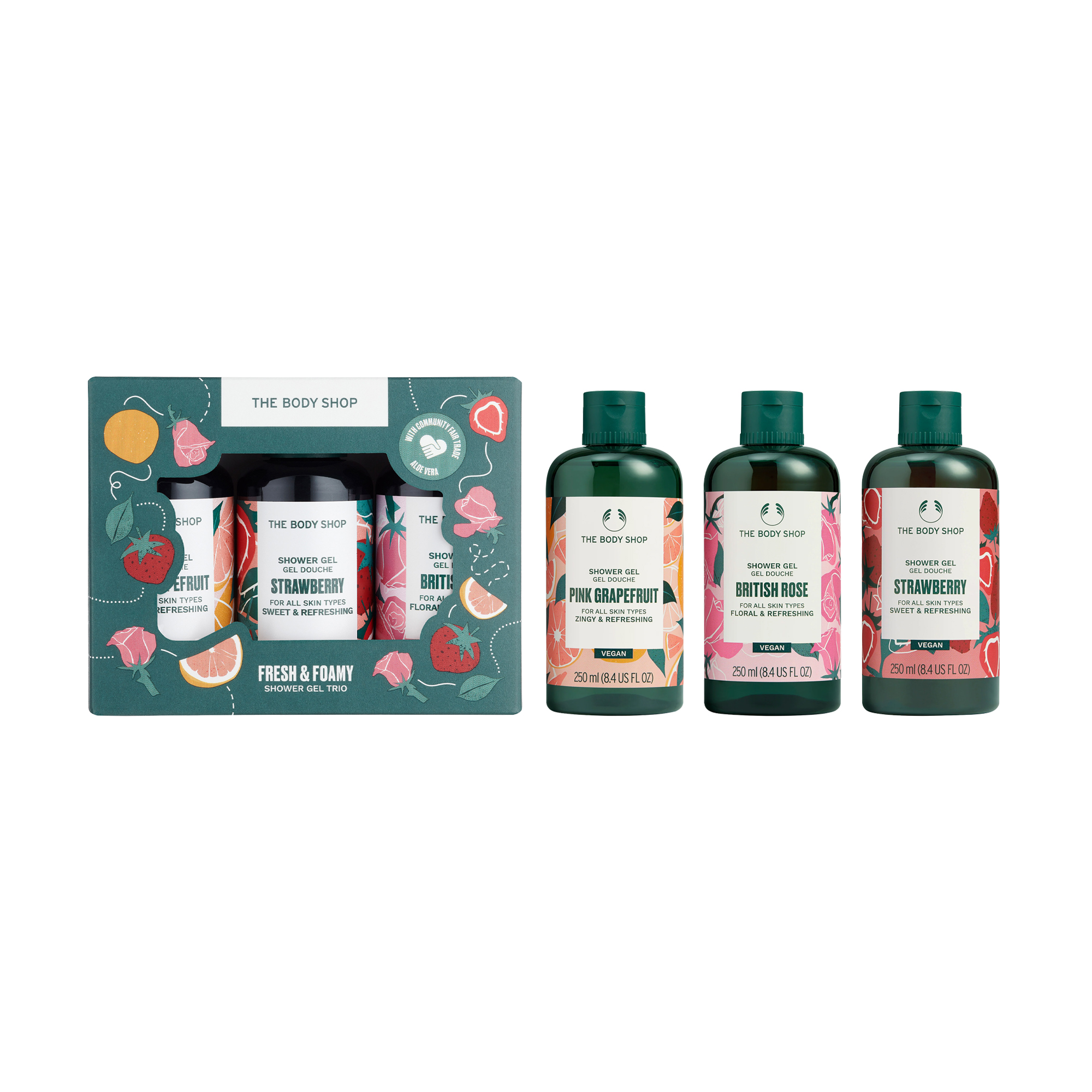 

Подарунковий набір гелів для душу The Body Shop Fresh & Foamy Shower Gel Trio (Pink Grapefruit, 60 мл + Strawberry, 60 мл + British Rose, 60 мл)