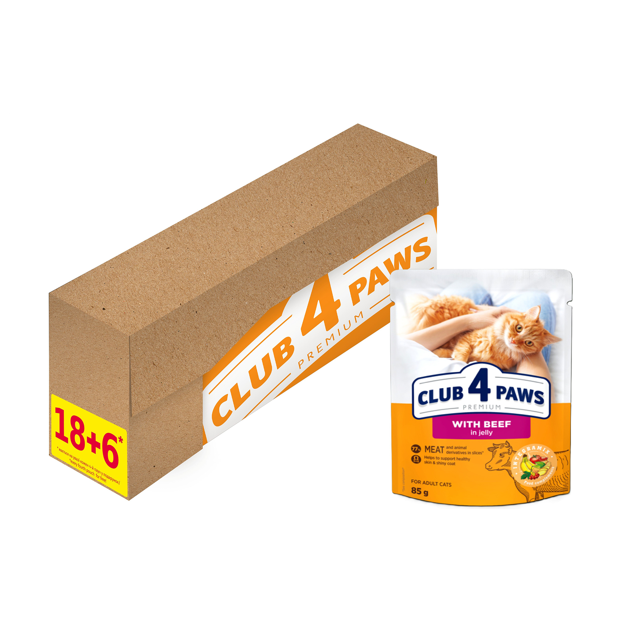 

Вологий корм для дорослих кішок Club 4 Paws Premium Яловичина в желе, 18+6*85 г