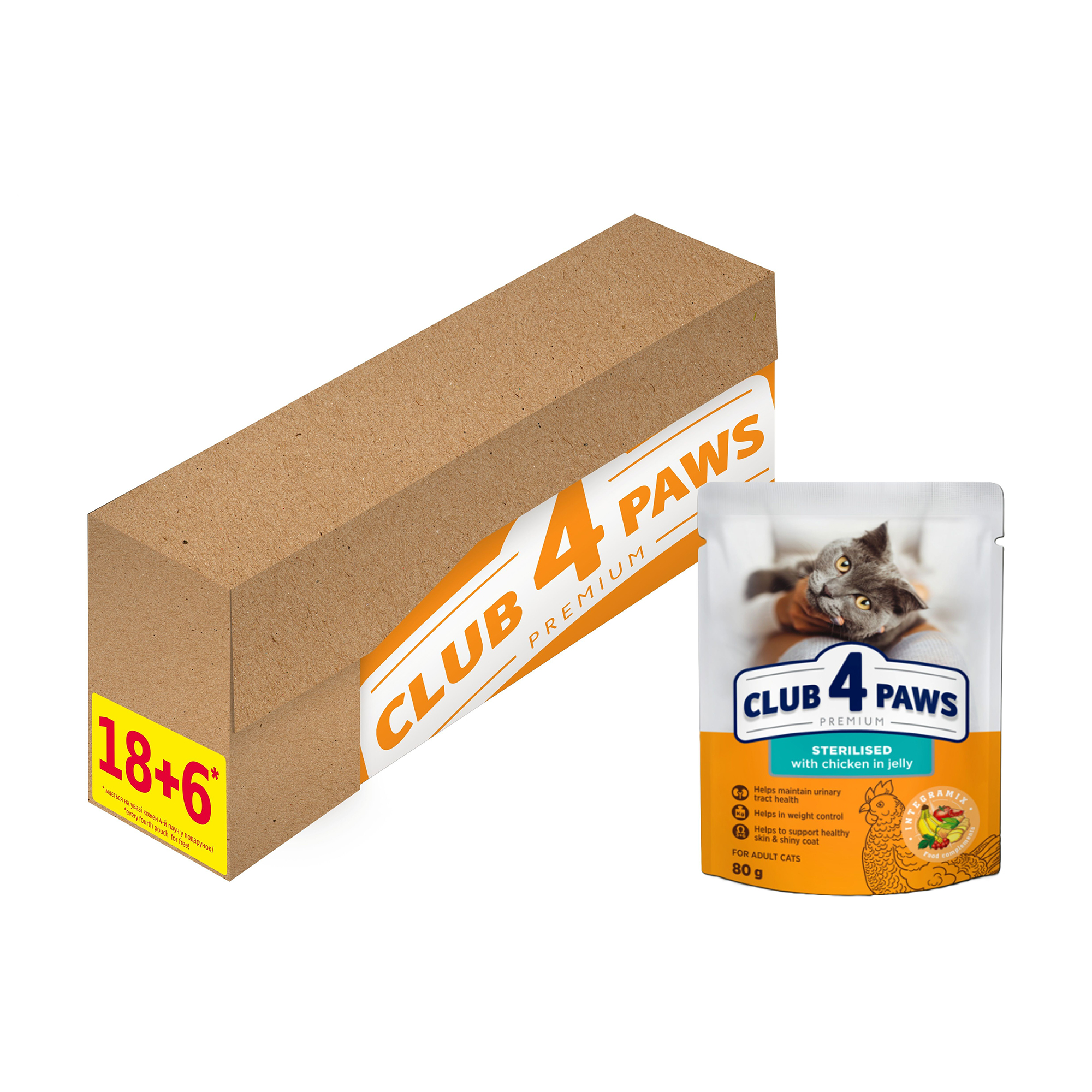 

Вологий корм для дорослих стерилізованих кішок Club 4 Paws Premium Курка в соусі, 18+6*80 г