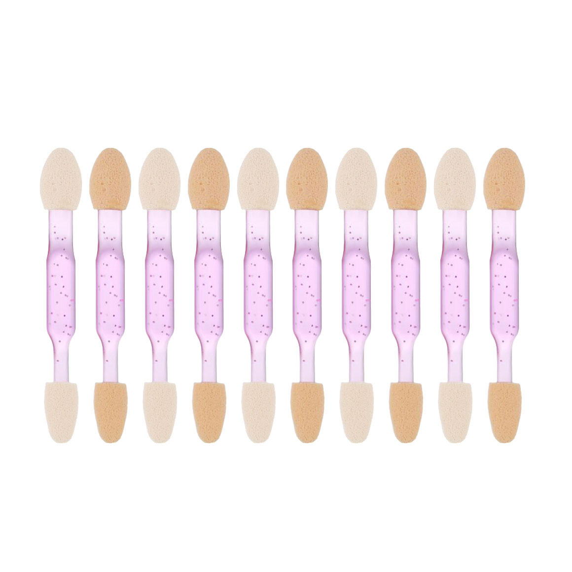 

Набір аплікаторів для тіней Cosmo Shop двосторонній, 6.5 см, біло-бежевий, ручка прозора фіолетова, 10 шт (CS08F)