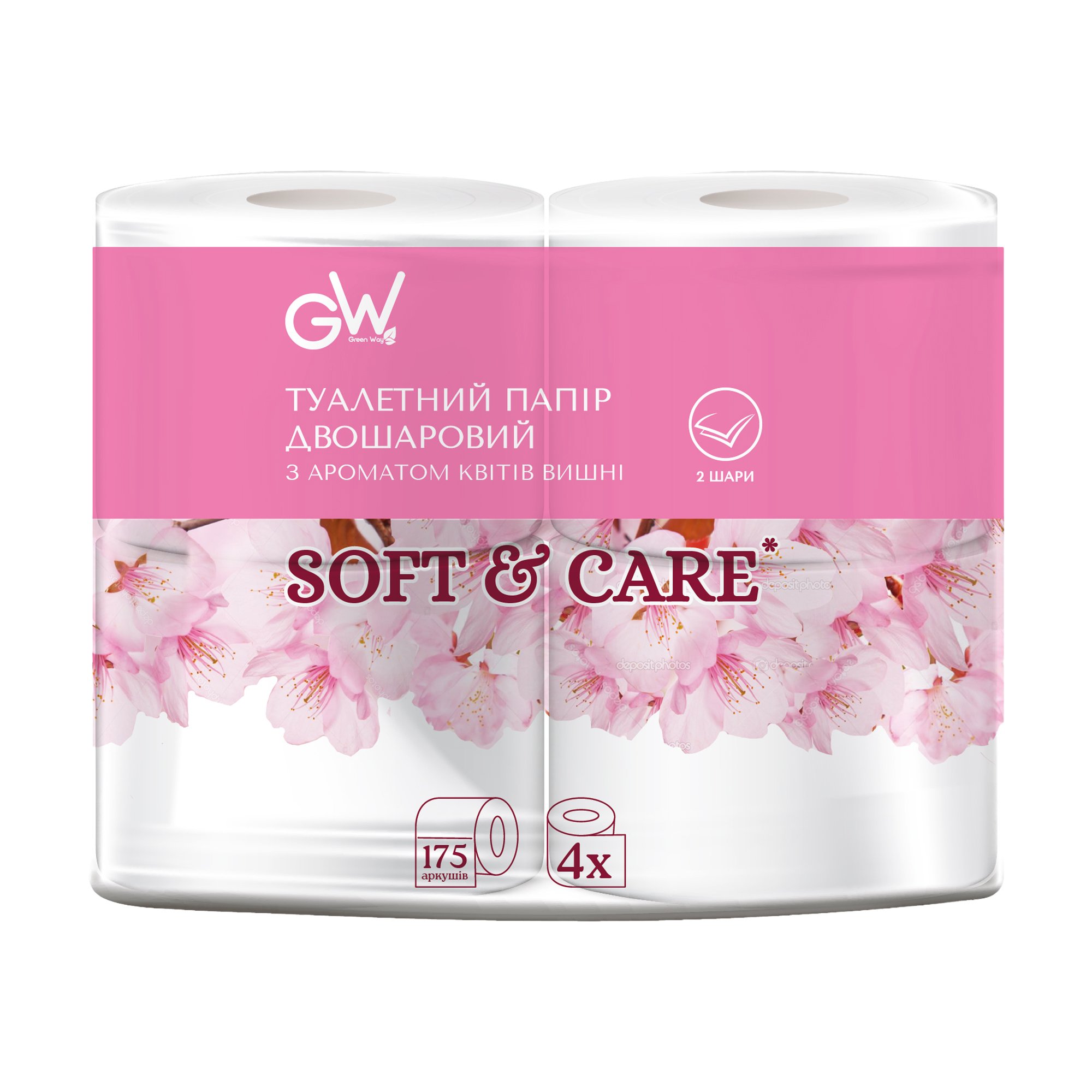 

Туалетний папір Green Way ФітоЛінія Квіти вишні, 2-шаровий, 4 рулони