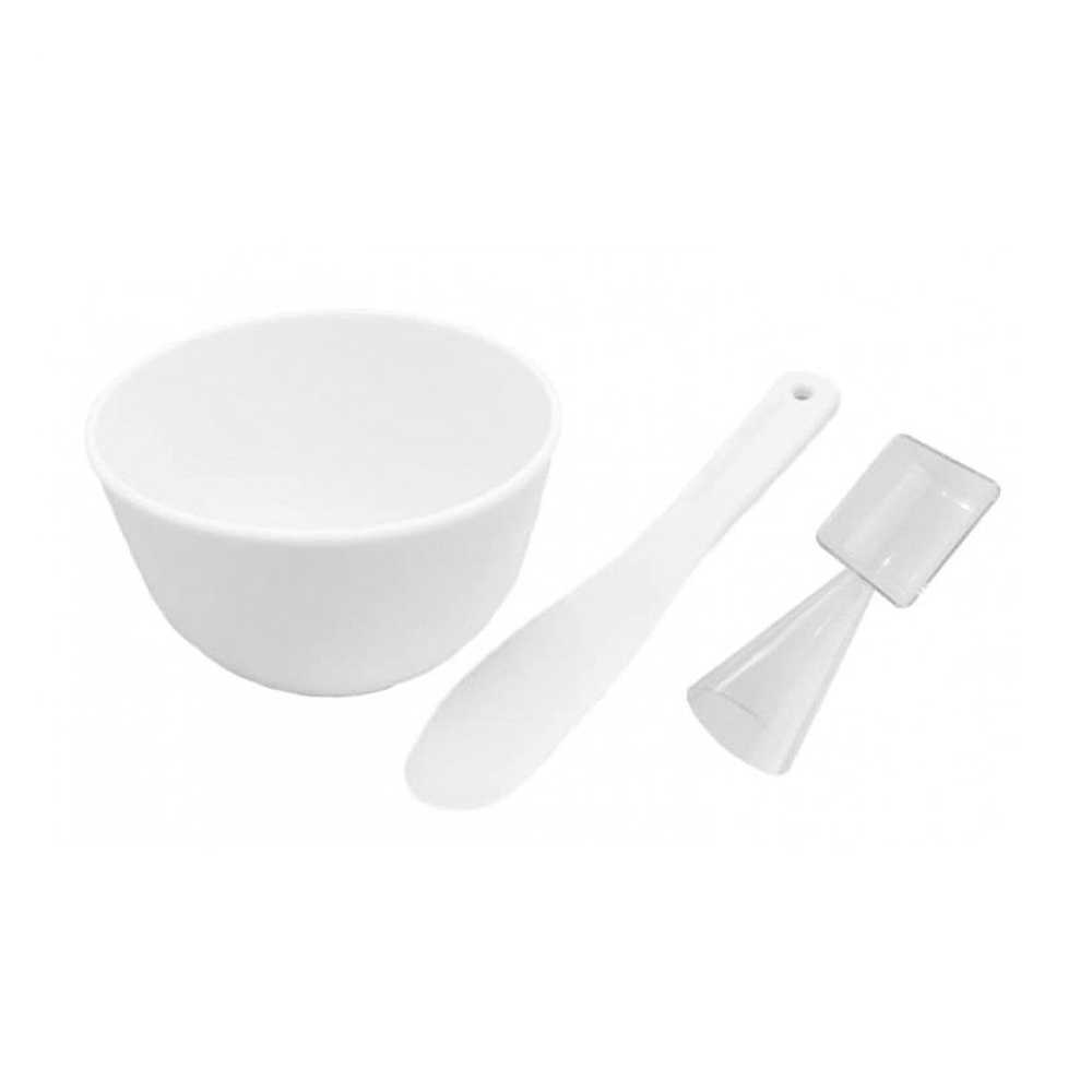 

Мисочка з лопаткою та мірною ложкою для косметичних продуктів Cosmo Shop біла, 13 см (CS099W)