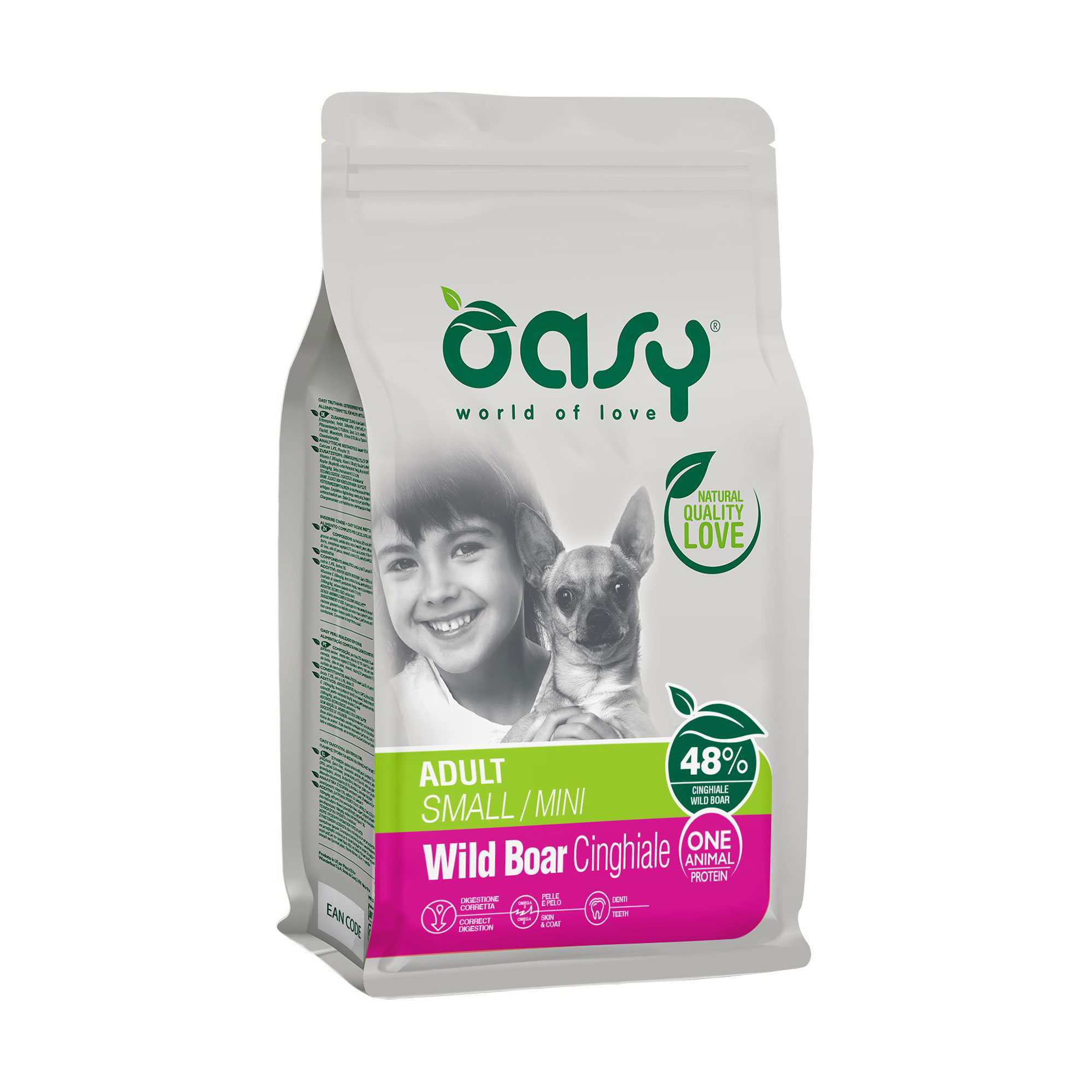 

Уцінка! Сухий корм для дорослих собак малих порід Oasy One Animal Protein Adult Small/Mini з диким кабаном, 800 г