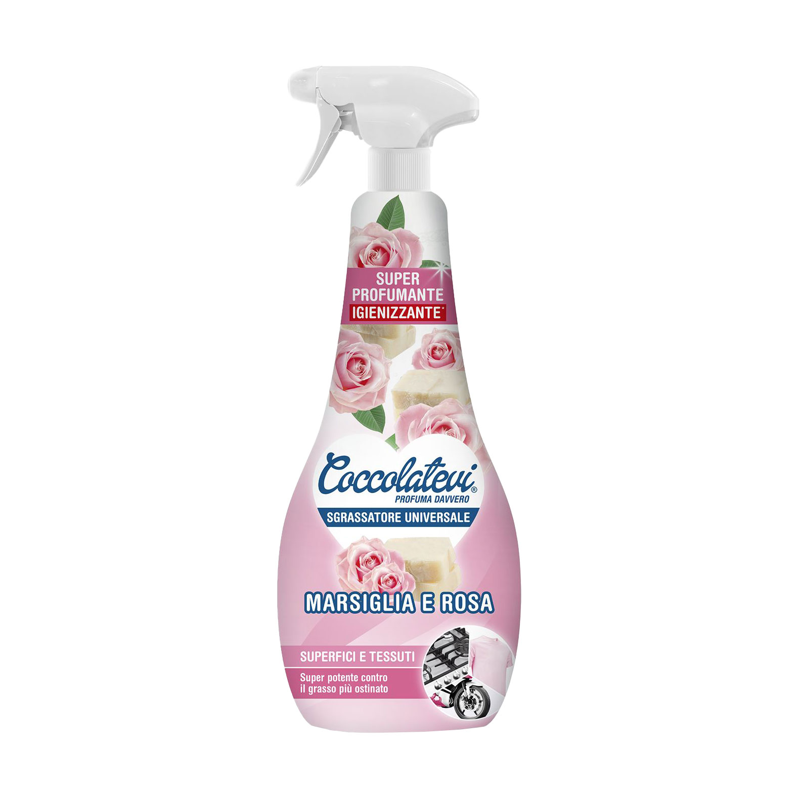 

Універсальний знежирювач для поверхонь та тканин Coccolatevi Марсельське мило та роза, 750 мл