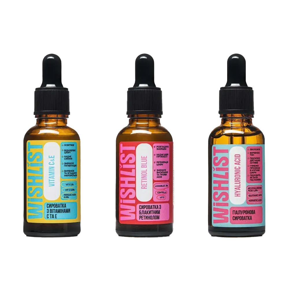 

Набір сироваток для обличчя WISHLiST для сяйної глянцевої шкіри, 3*30 мл