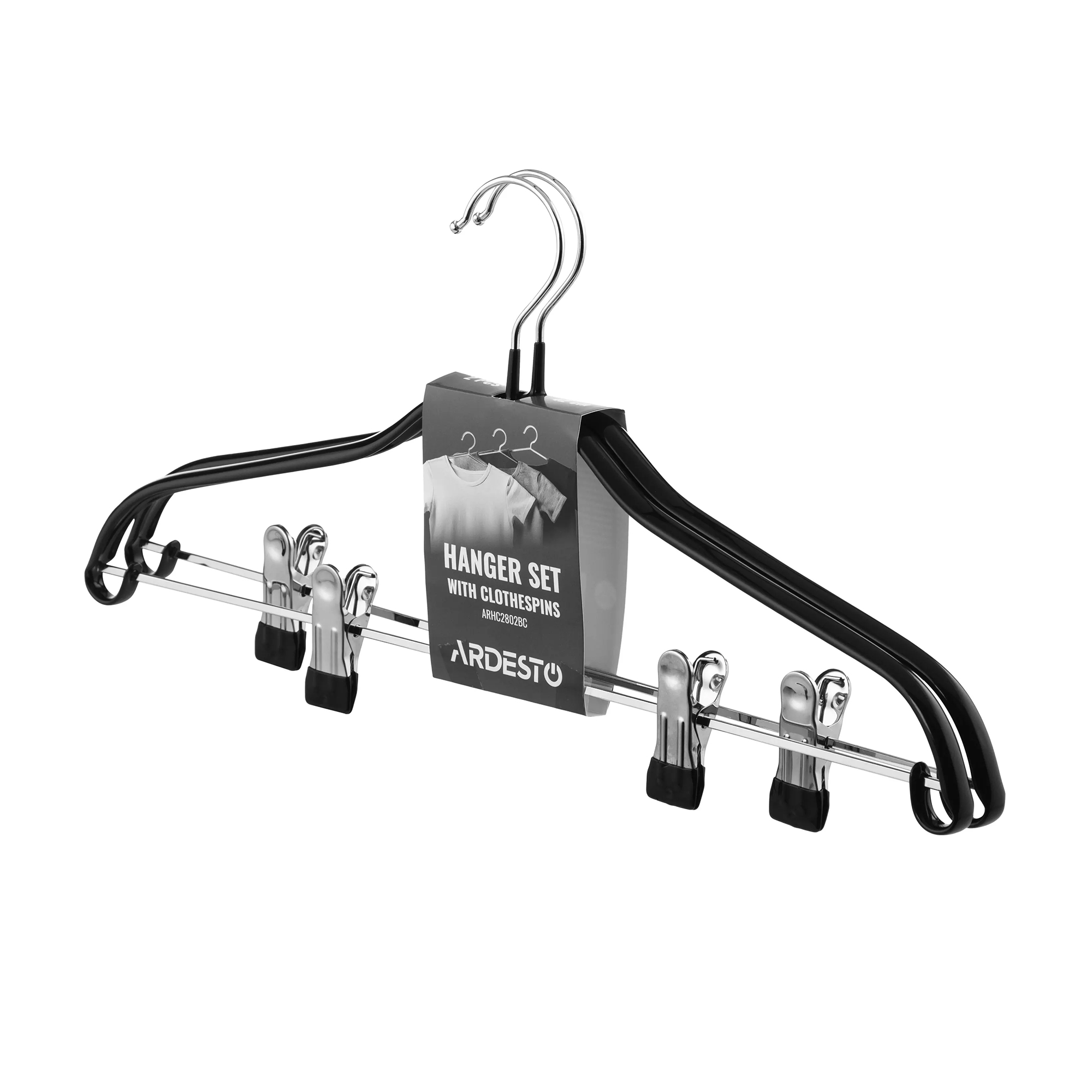 

Набір вішаків з прищіпками Ardesto металеві, чорні, 42 см, 2 шт (ARHC2802BC)