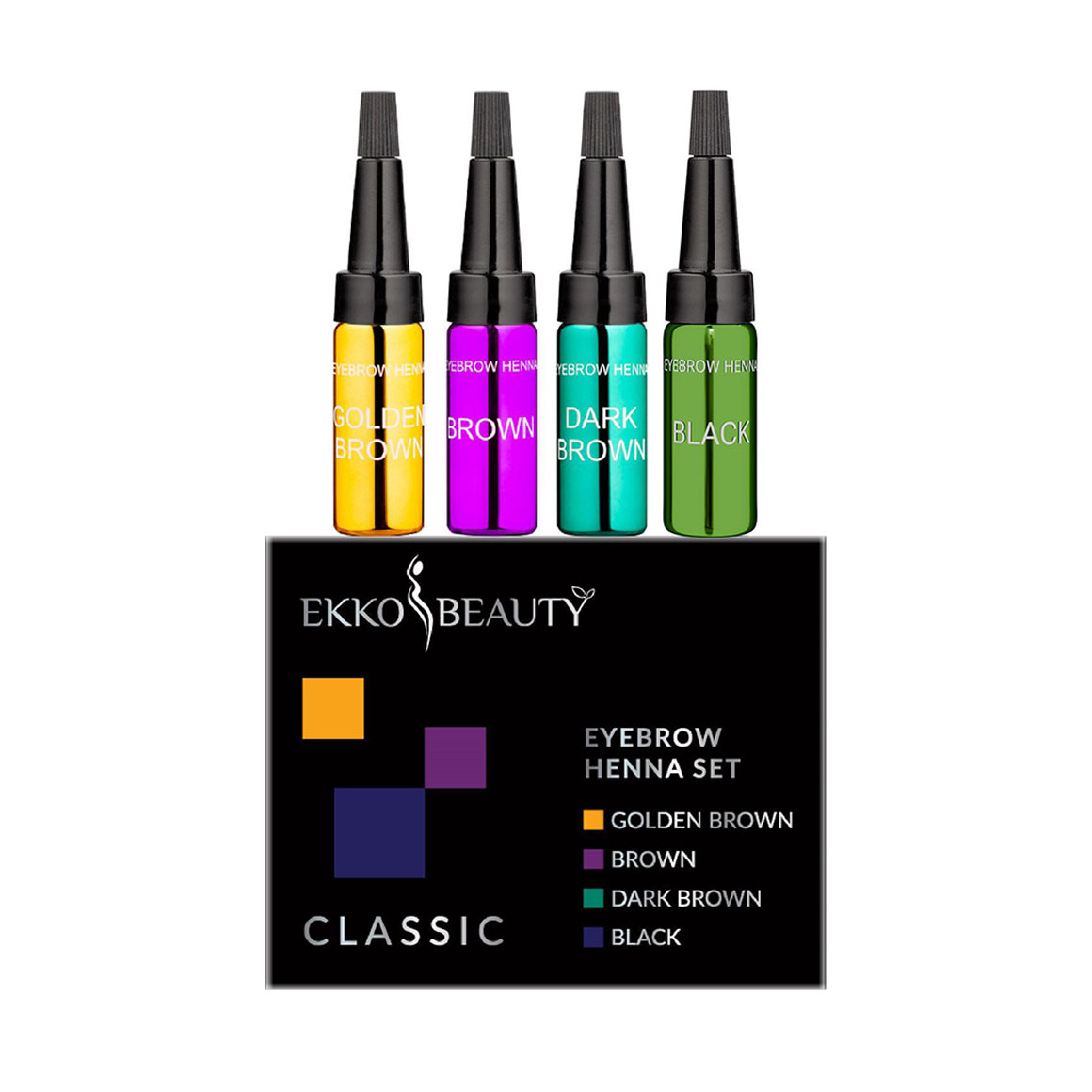 

Набір хни для брів Ekko Beauty Eyebrow Henna Set Classic (хна Golden Brown, 5 мл + хна Brown, 5 мл + хна Dark Brown, 5 мл + хна Black, 5 мл)