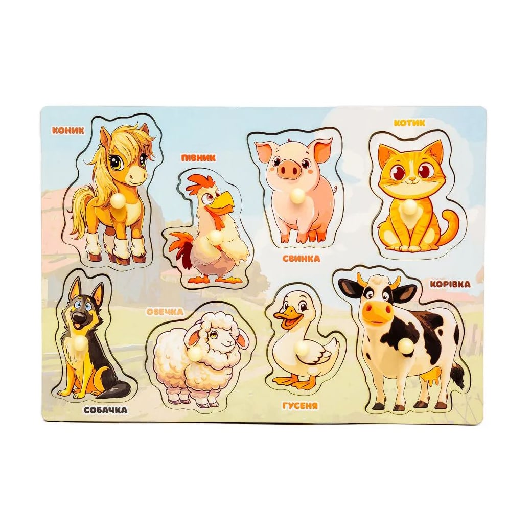 

Дерев'яний сортер-вкладиш PuzzleOK Свійські тварини, від 1.5 років, 28*20*0.6 см (Puz-88741)