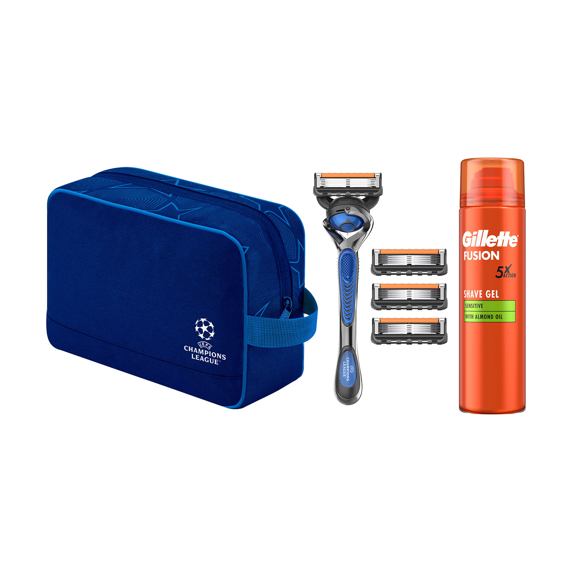 

Подарунковий набір Gillette UEFA Champions League Special Edition чоловічий (станок (бритва) Fusion5 ProGlide FlexBall з 4 змінними картриджами + гель Fusion для чутливої шкіри, 200 мл + косметичка)