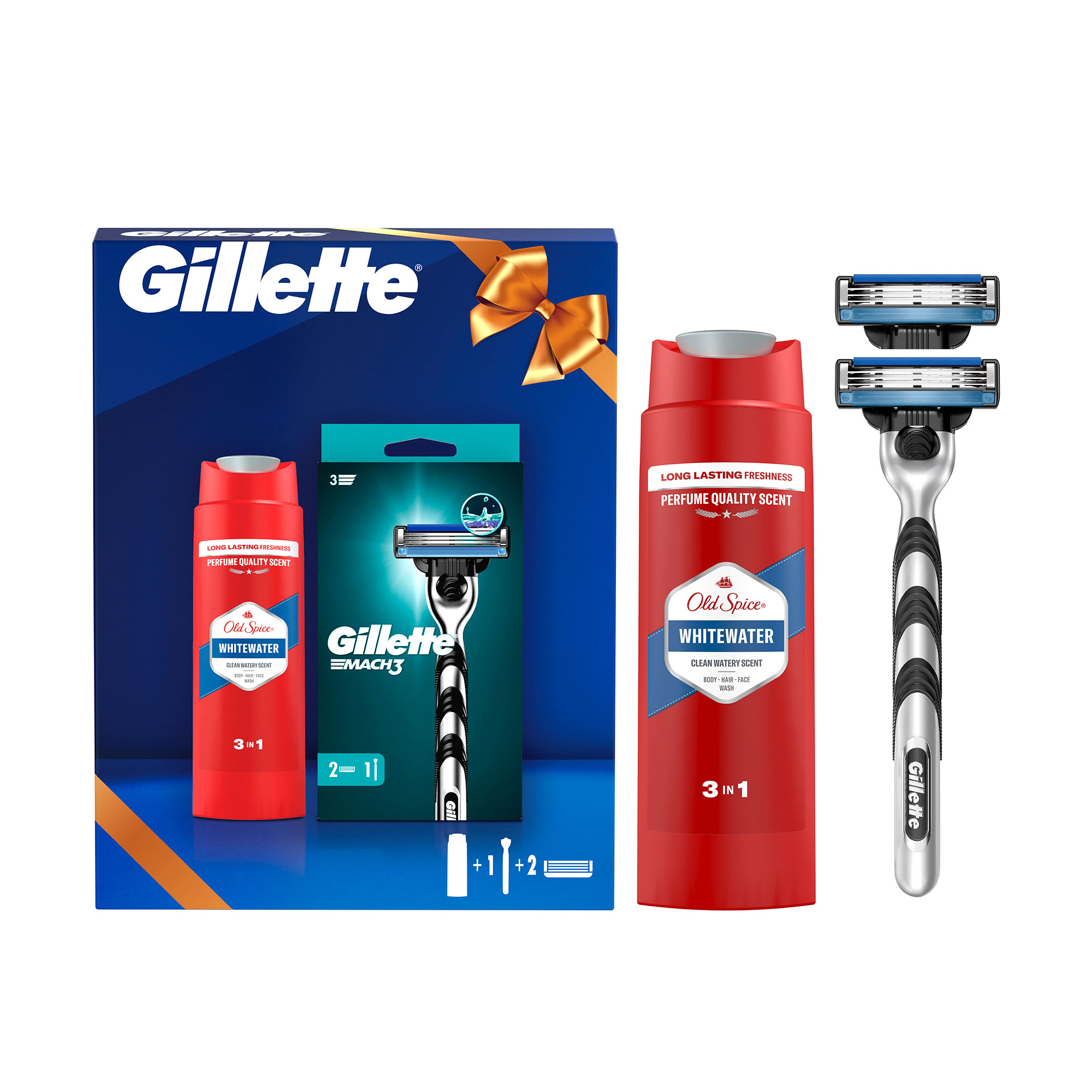 

Подарунковий набір Gillette чоловічий (станок (бритва) Mach3 з 2 змінними картриджами + гель для душу Old Spice 3-в-1 Whitewater, 250 мл)
