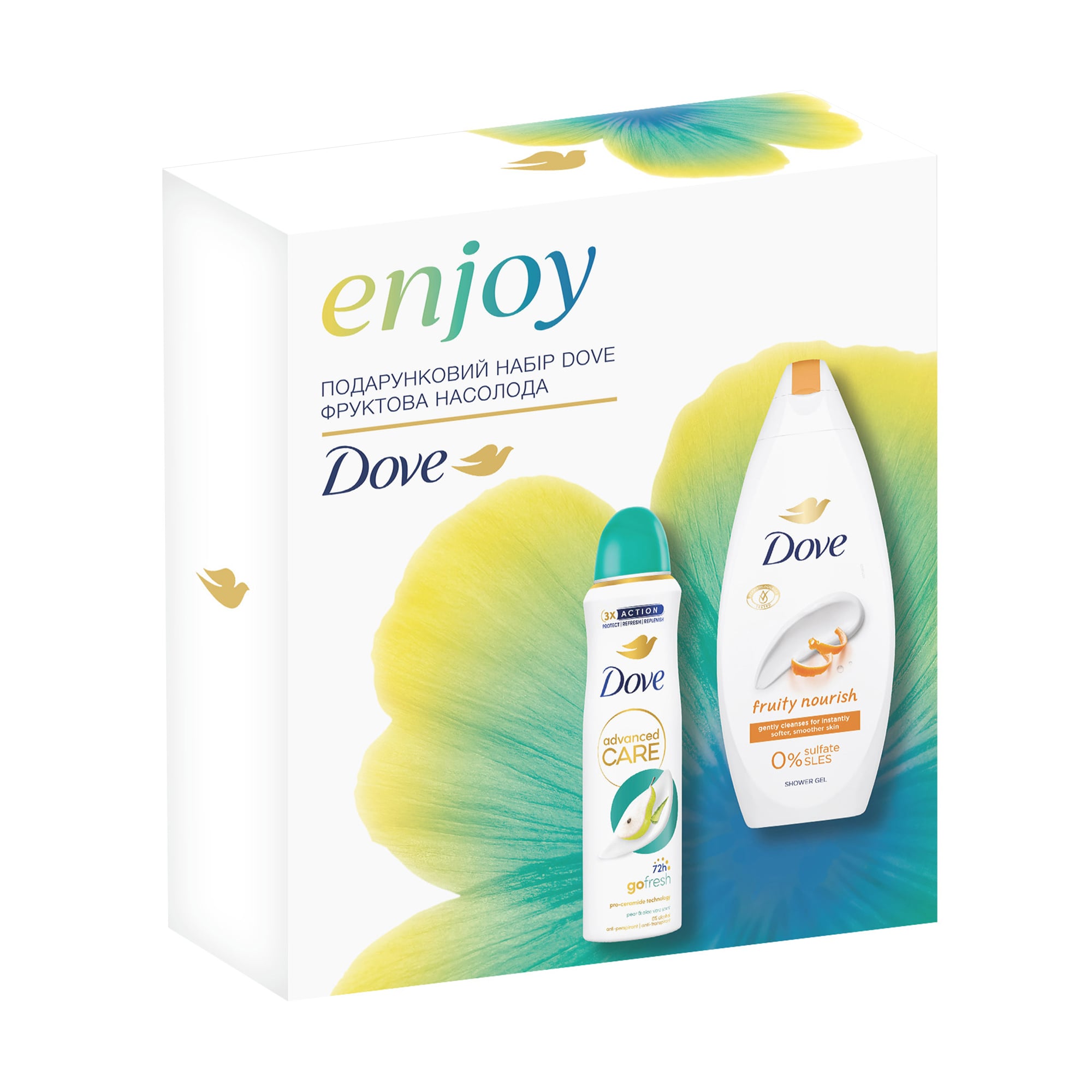 

Подарунковий набір жіночий Dove Фруктова насолода (антиперспірант-аерозоль, 150 мл + гель для душу, 250 мл)