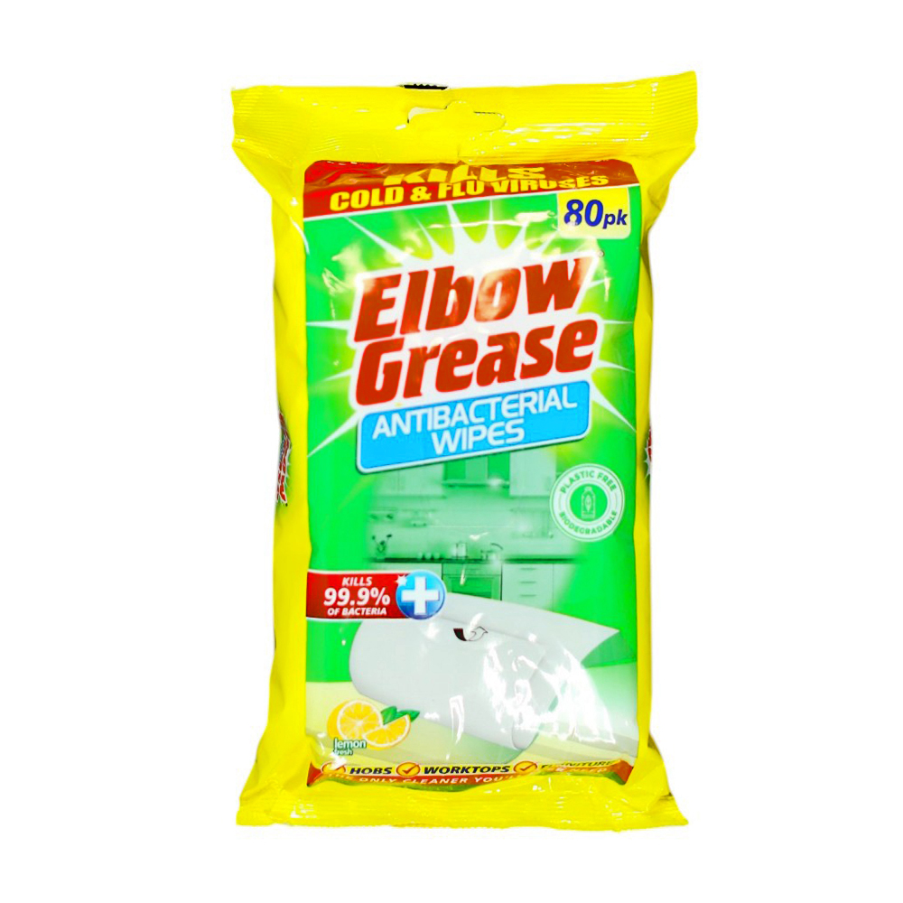 

Універсальні вологі серветки для чищення поверхонь Elbow Grease Antibacterial Wipes Антибактеріальні, з лимоном, 80 шт