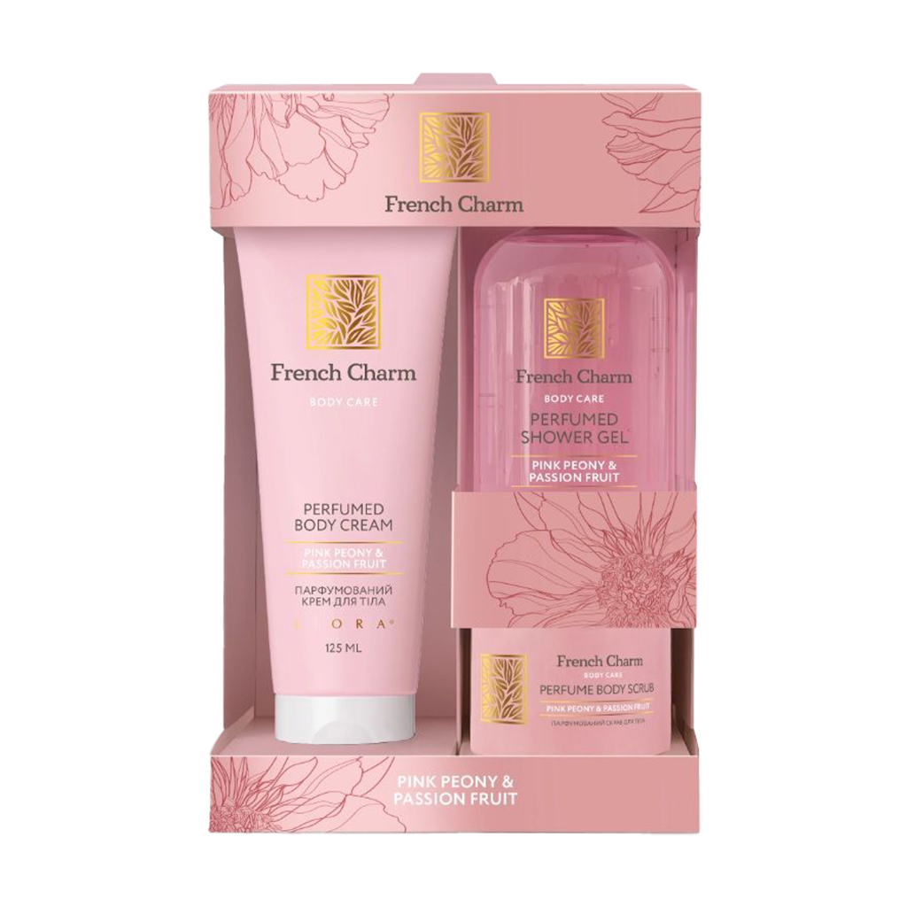 

Подарунковий набір Emotions by Liora French Charm Pink Peony & Passion Fruit (крем для тіла, 125 мл + гель для душу, 200 мл + скраб для тіла, 80 мл)